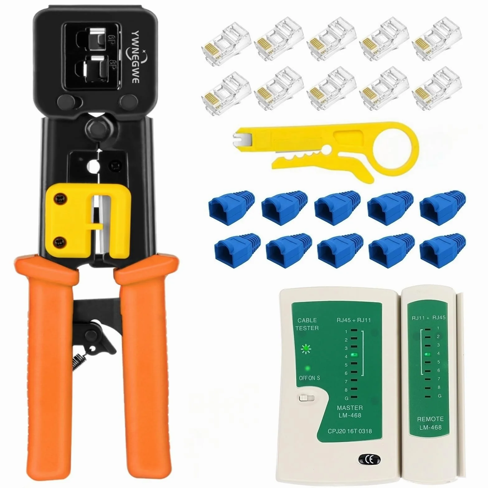 Zestaw zaciskaczy Ethernet RJ45 Cat6 Cat5e narzędzie do zaciskania z 10 złączami przelotowymi RJ45 Cat6, 10 szt. modułowych osłon złączy, 1 mini striptizerka, 5 ostrzy i 1 tester kabli sieciowych