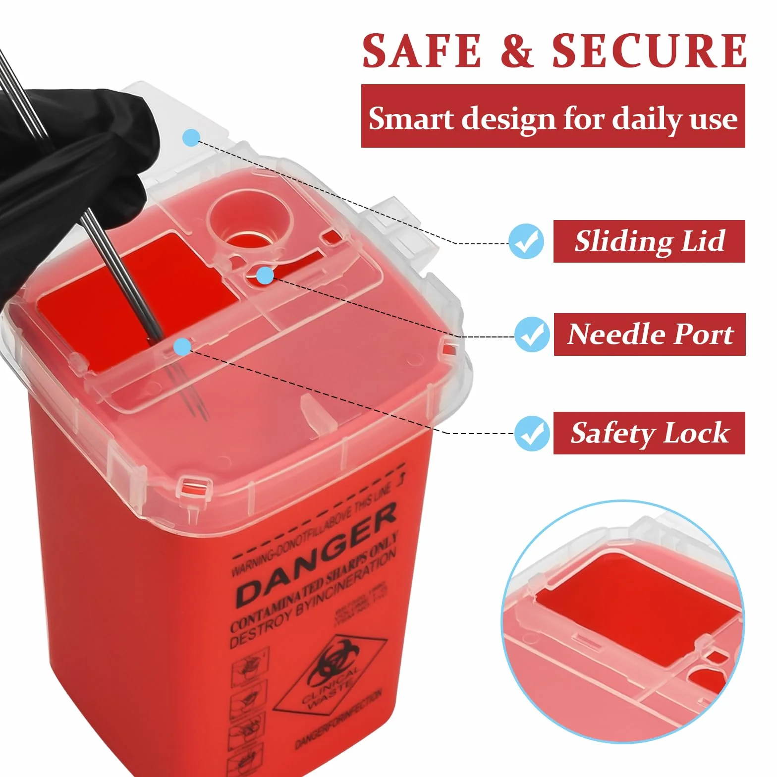 Tattoo Needle Box ATOMUS 1L Tattoo Plastic Sharp Container Tattoo Medical Disposal Biohazard Needle Waste Box Safe Lock Container Tattoo Supplies (1PC, Red)