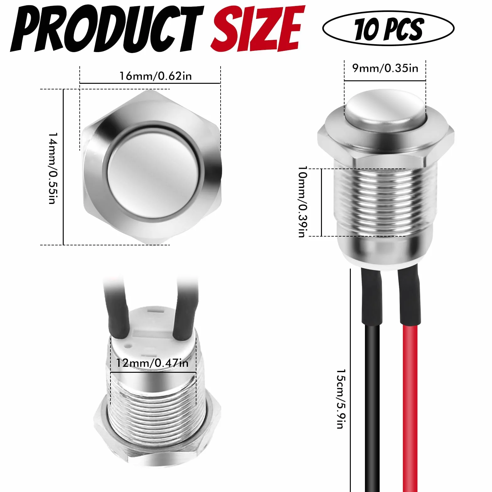 10 sztuk wodoszczelnych przycisków, przycisk 12 mm z drutem, chwilowy przełącznik ciśnieniowy ze stali nierdzewnej, przełącznik 5 A, 12 V/24 V//125 V/250 V, do klaksonów, elektrycznego dzwonka