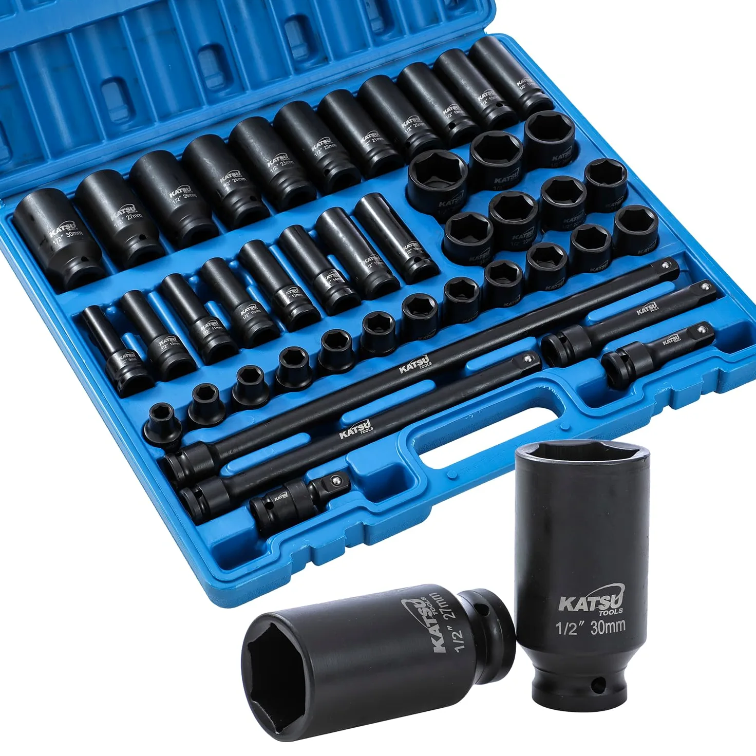 KATSU Tools Zestaw 43 szt. wytrzymałych nasadek udarowych 1/5.1 cm Napęd 6-punktowy 9-30 mm metryczny standardowy/głęboki zestaw nasadek udarowych, stal stopowa chromowo-wanadowa, narzędzie