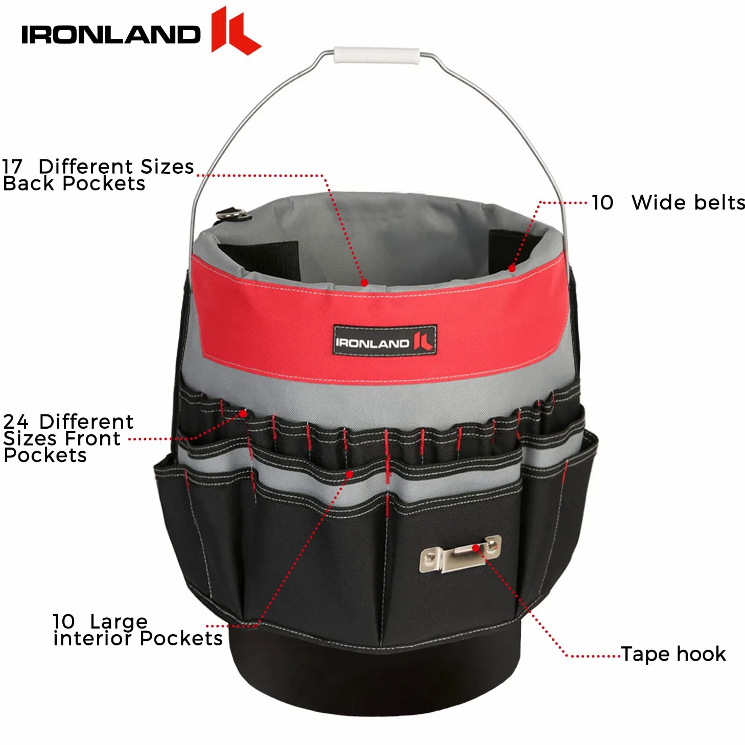 IRONLAND Organizer na narzędzia kubełkowe pasuje do wiadra 3,5-5 l, 51 kieszeni | Organizer na narzędzia kubełkowe do ogrodu, budownictwa, stolarza, elektryka, spawania, budowniczego, czerwono-czarnego