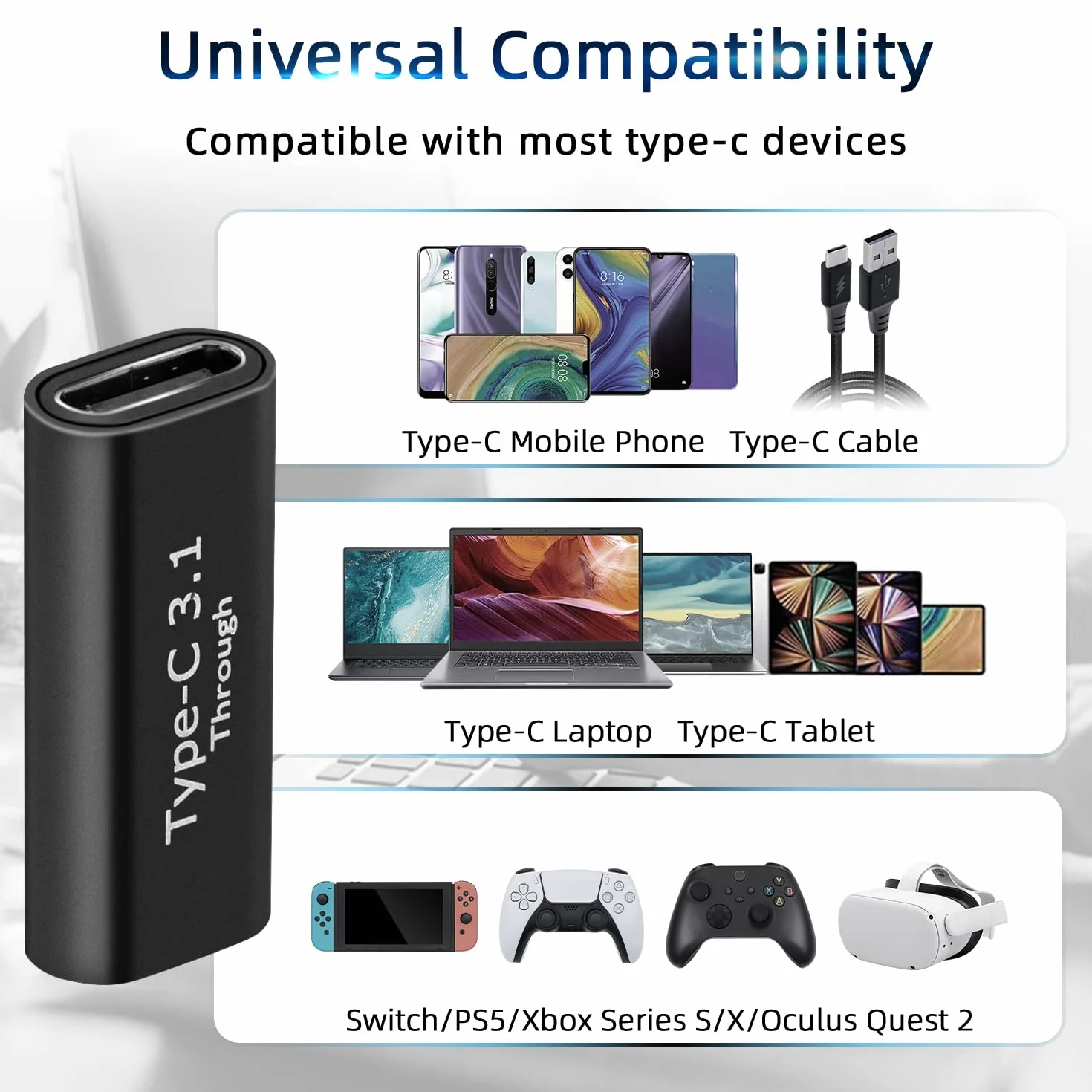 Adapter USB C żeński na żeński, 2 szt. USB C 3.1 Obsługa wideo i audio 4K Szybkie ładowanie i transfer danych 10 Gb/s, przedłużacz do przełączników, PS5, S21, laptopów, tabletów, telefonów