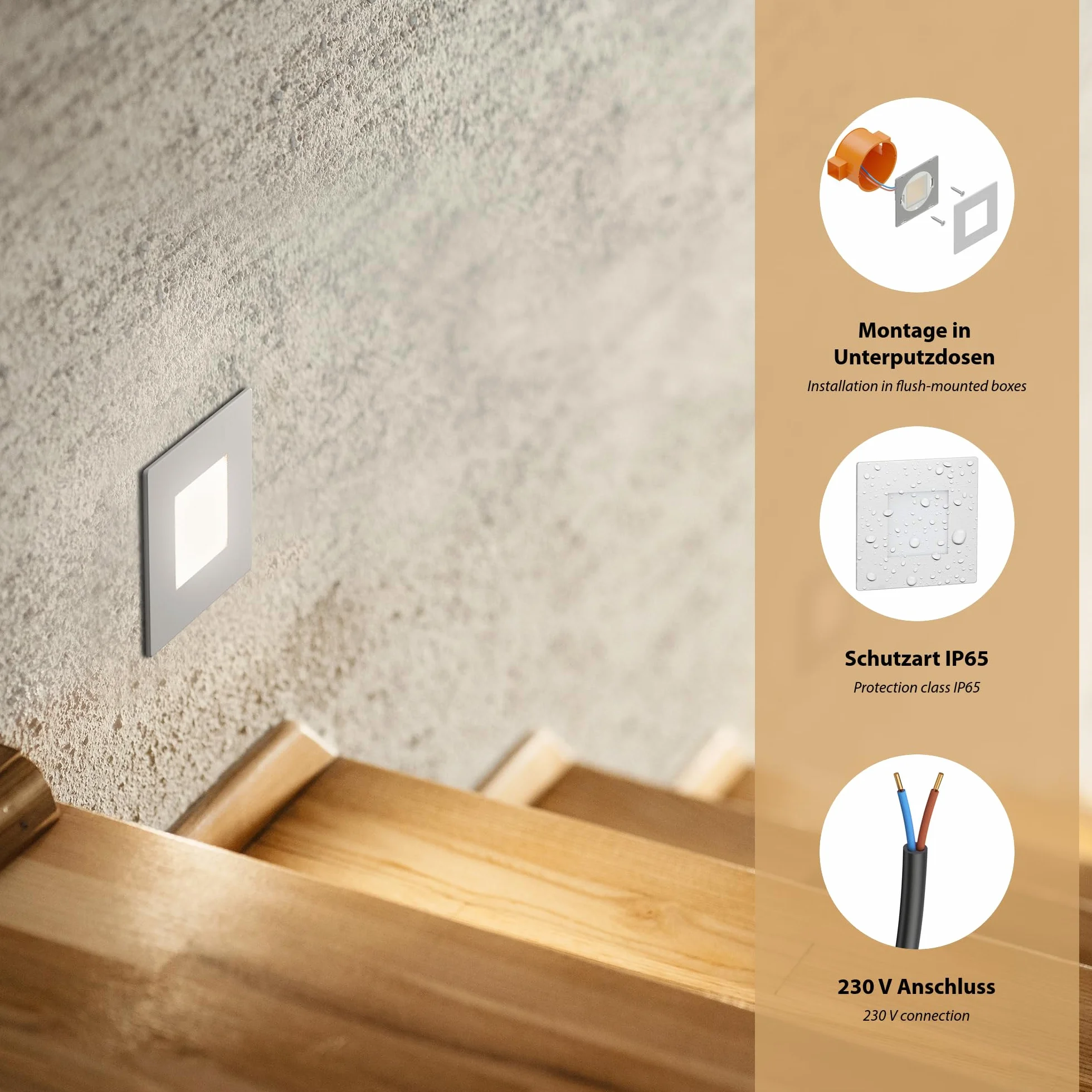 ledscom.de 4 LED lampa schodowa/wpuszczana lampa ścienna FEX do wnętrz i na zewnątrz, kątowa, 85 x 85 mm, ciepła biel