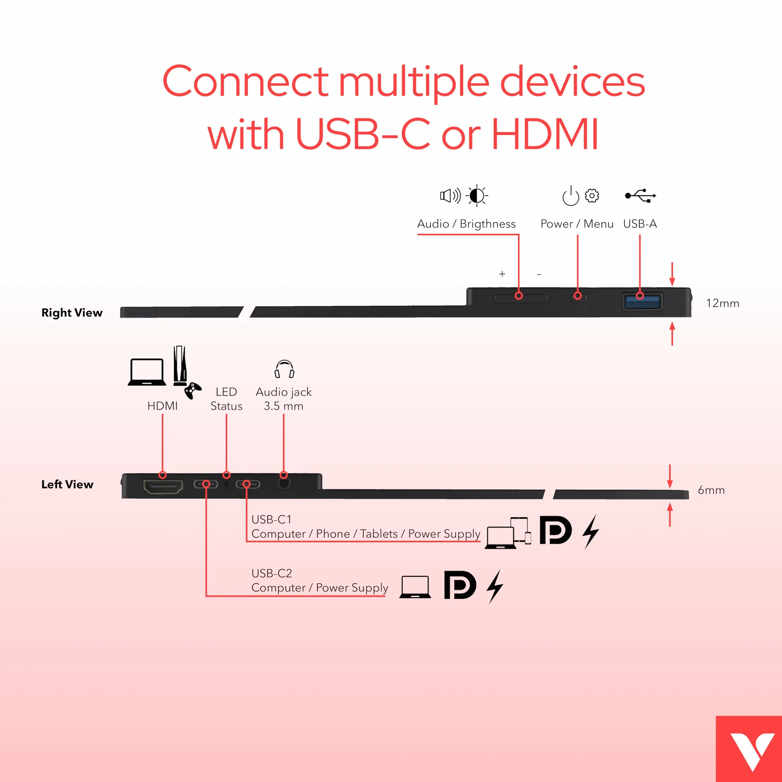 Verbatim PMT-14, przenośny ekran dotykowy, mobilny ekran Full HD 14" do laptopa, tabletu, smartfona, PS5 lub Nintendo Switch ze złączem USB-A, USB-C oraz HDMI, czarny