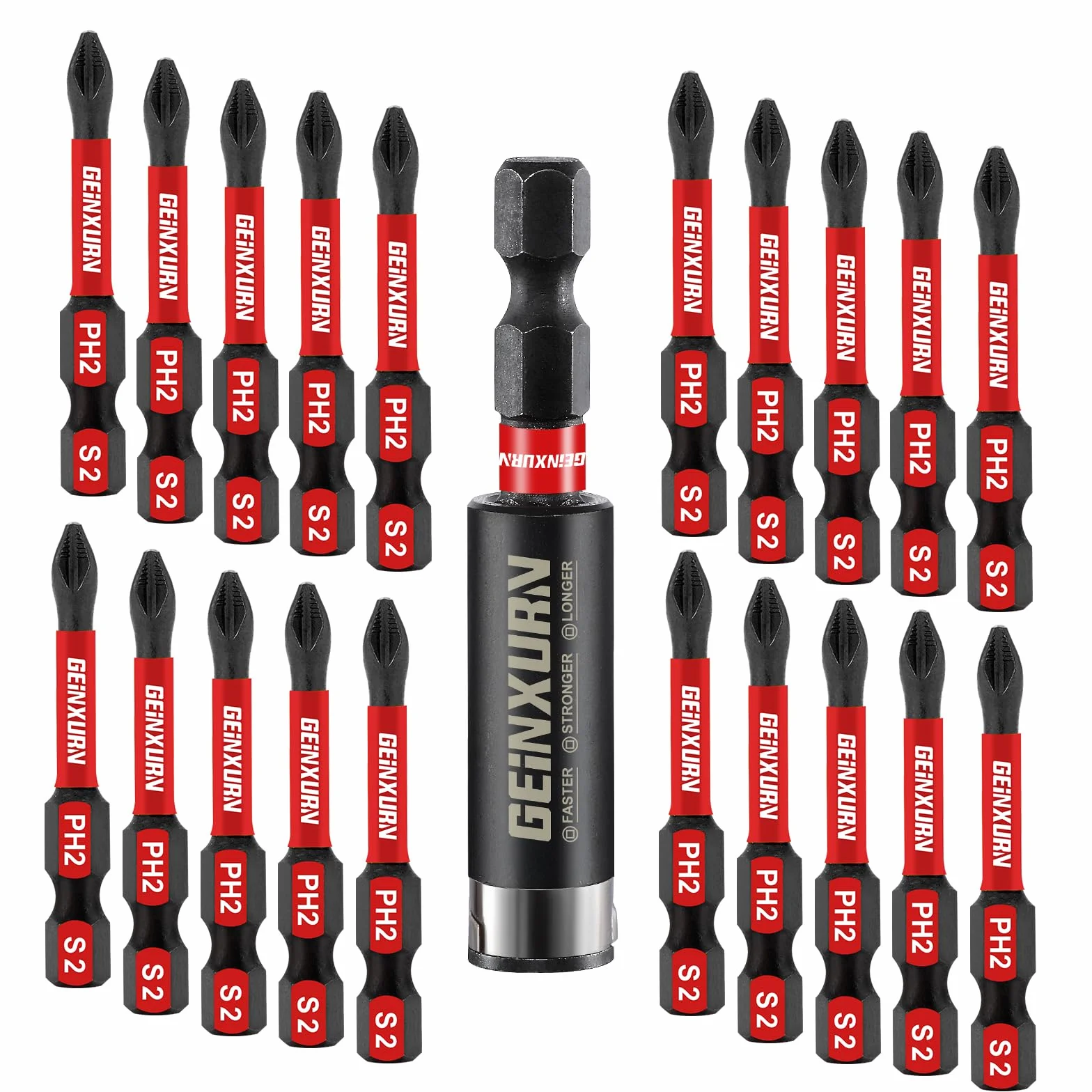 Geinxurn 20 sztuk wkrętaków magnetycznych #2 Phillips 25 mm PH2 bity antypoślizgowe, 1 uchwyt do bitów 60 mm, stal stopowa S2, trzpień sześciokątny 1/4 cala, zestaw bitów