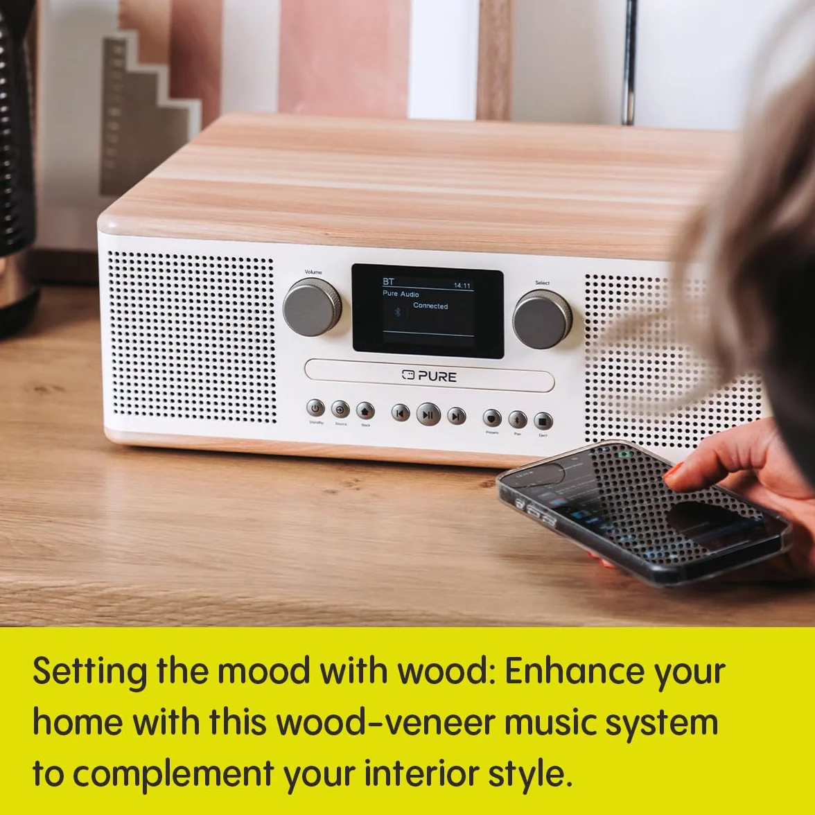 Pure Klasyczny system muzyczny C-D6 (odtwarzacz CD, DAB+/FM, Bluetooth, AUX, USB, Alarm Sleep Timer) bawełna biały/dąb