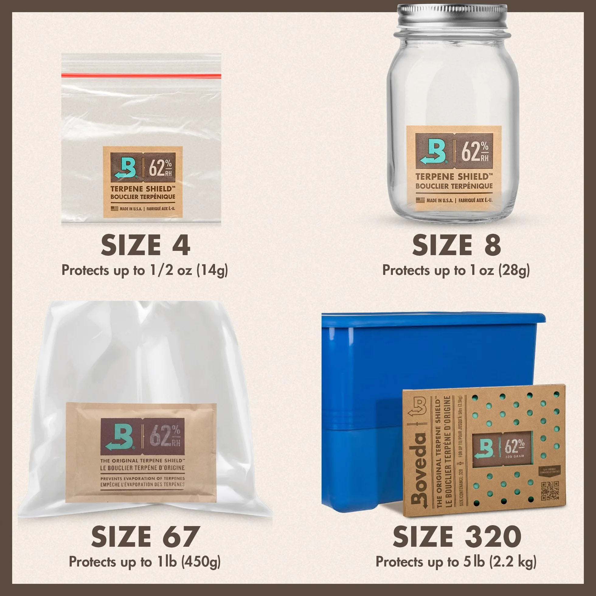 Boveda do przechowywania ziół | 2-kierunkowy regulator wilgotności przy 58% RH | rozmiar 4 dla maksymalnie 15 g kwiatów | zapobiega utracie terpenów | 10 torebek