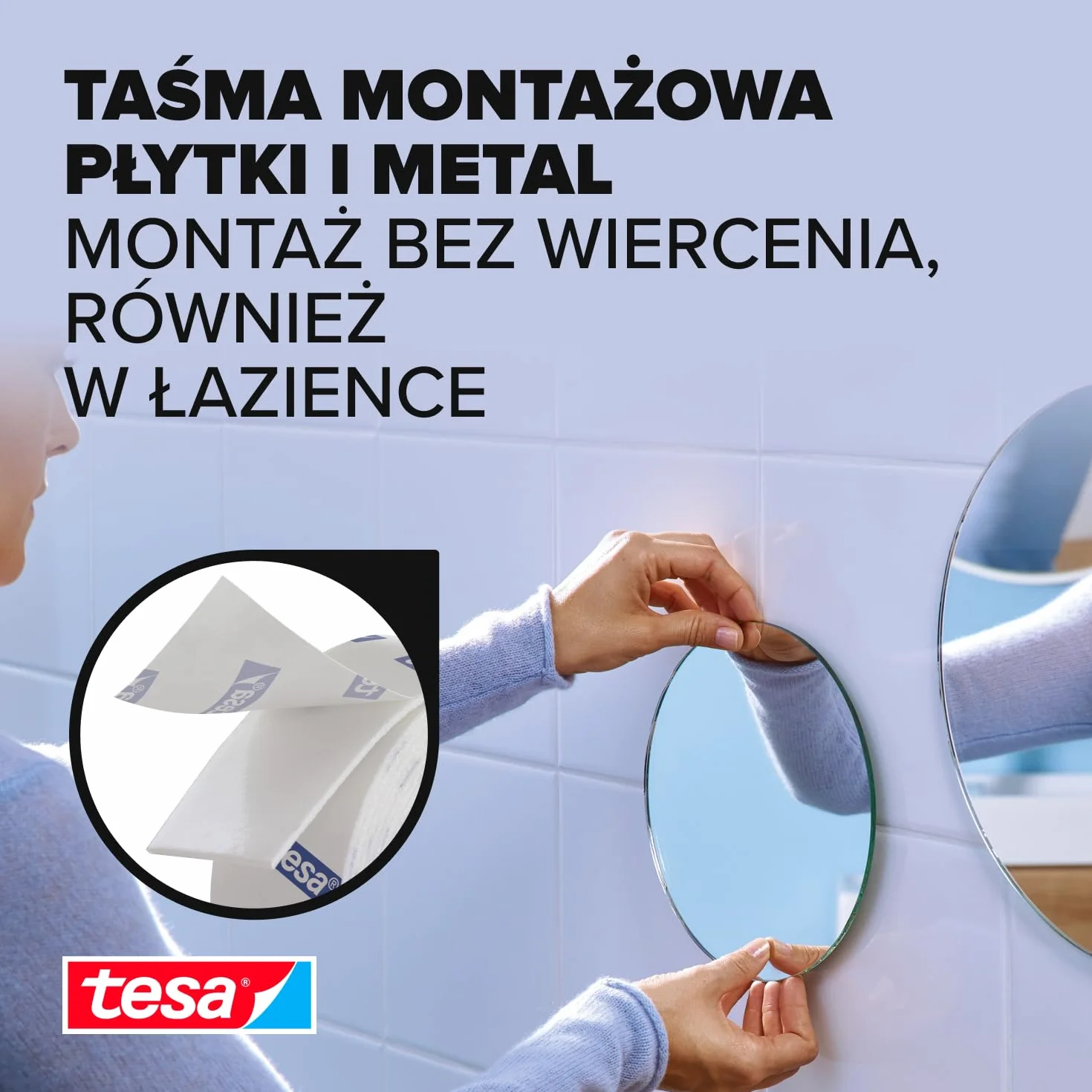 tesa Powerbond taśma montażowa do płytek i metalu, odporna na wilgotne pomieszczenia, o udźwigu do 10 kg na metr – dwustronna taśma klejąca do gładkich powierzchni – 1,5 m x 19 mm