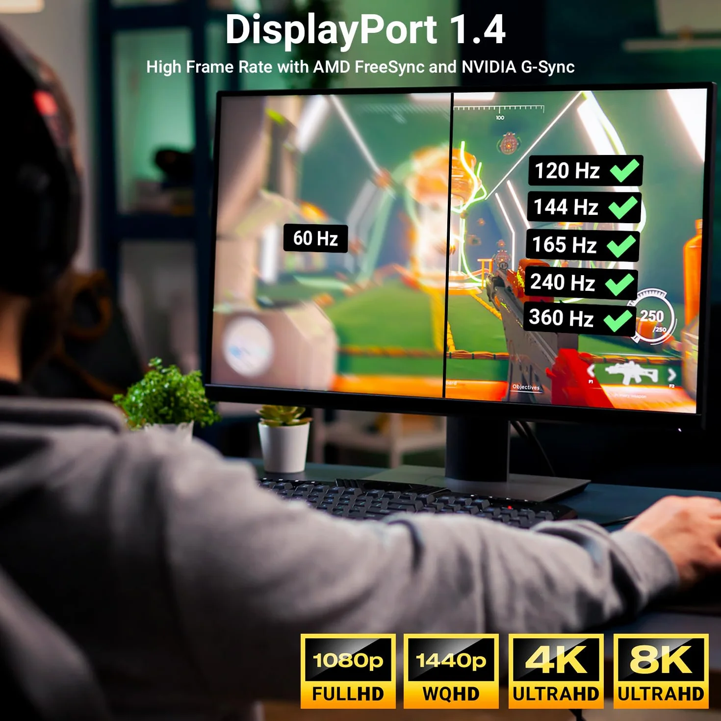 deleyCON 8K DisplayPort 1.4 Kabel 3,0m 32.4Gbps 8K@60Hz 4K@165Hz 2K@360Hz HBR3 UHD HDR HDCP 2.2 G-Sync FreeSync
