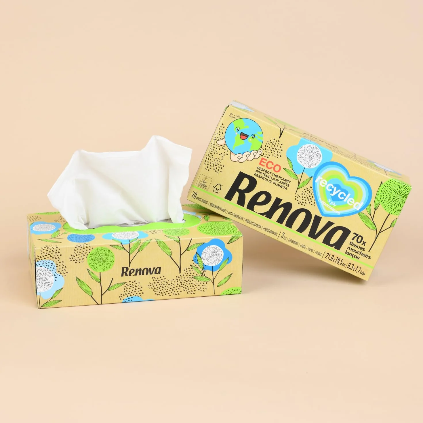 Renova Chusteczki do twarzy Renova Recycled | Opakowanie 70 chusteczek | Papier z recyklingu | Certyfikat FSC i Ecolabel