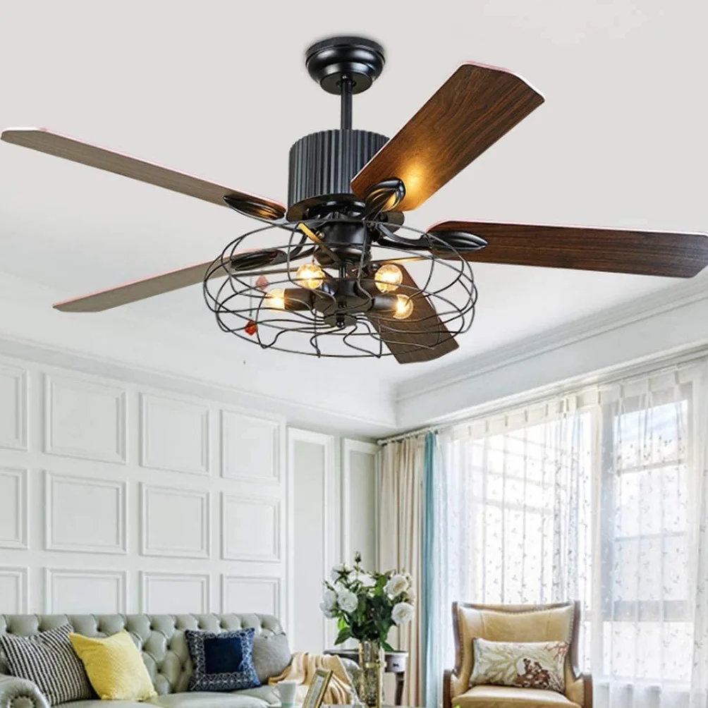 Wentylator Sufitowy Z Oświetleniem Zdalnego Sterowania Ściemnialny Wentylator E27 Wentylator Sufitowy Żyrandol LED Loft Wentylator Sufitowy Retro Industry Cichy Salon Sypialnia Jadalnia Timing