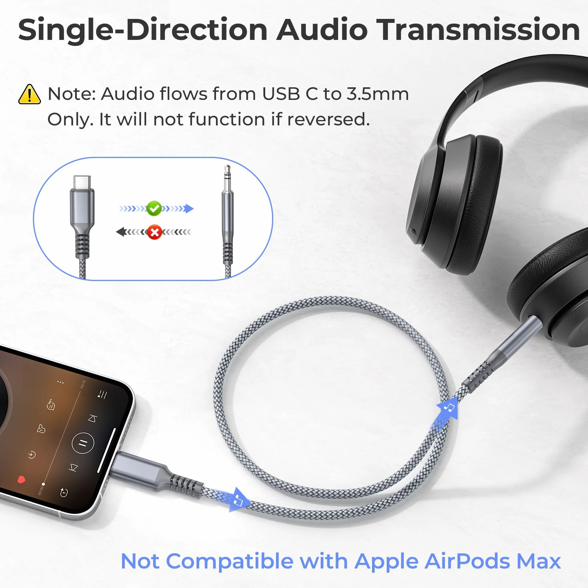 Basesailor Kabel USB-C na 3,5 mm Jack AUX 1,2 m przewód audio do samochodu