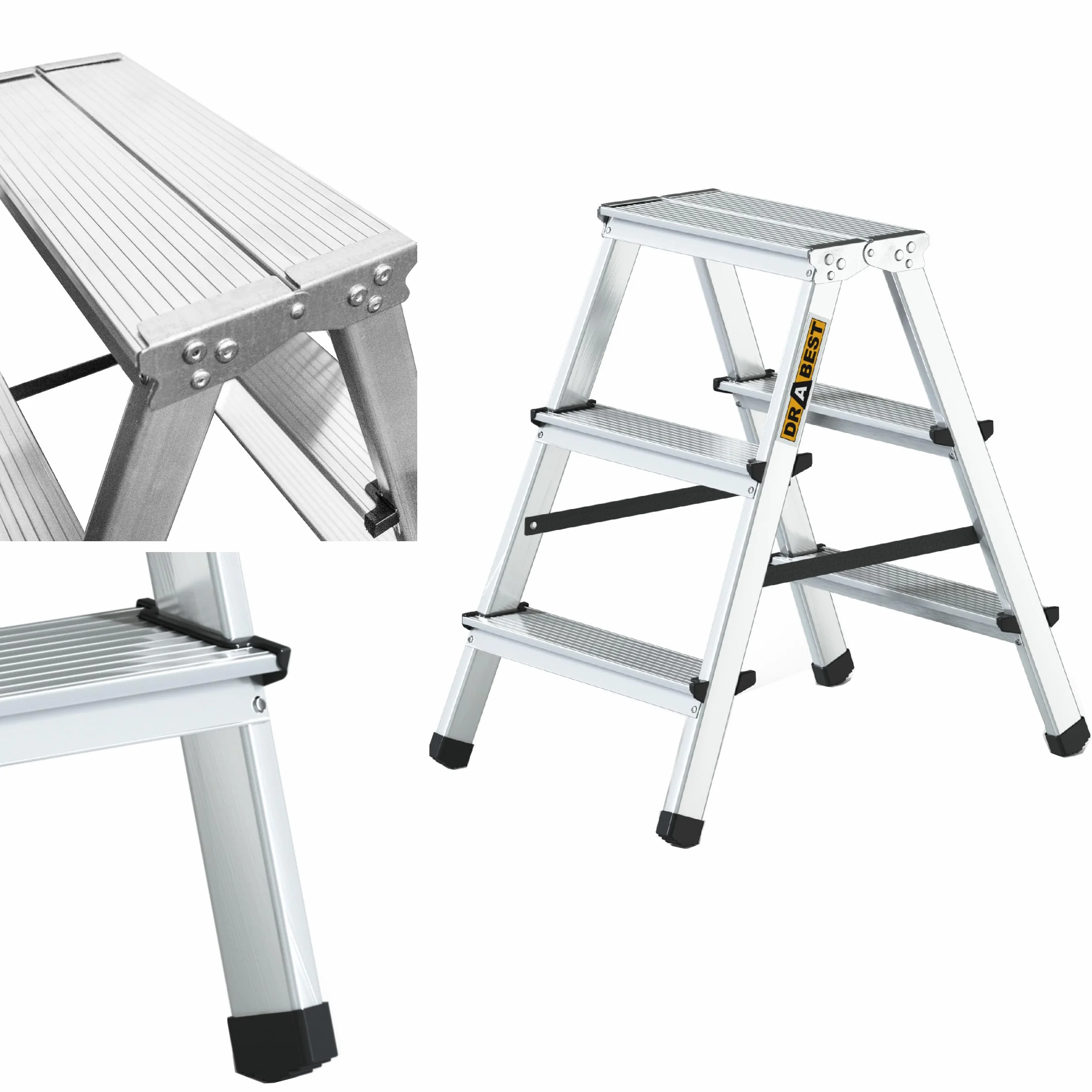 Drabest 3-Stopniowa Aluminiowa Dwustronna Drabina Do Użytku Domowego O Udźwigu 125 Kg - Drabina Z Platformą Roboczą - Drabiny Wielofunkcyjne - Drabiny 3-Stopniowe - 41 X 63 X 16 Cm
