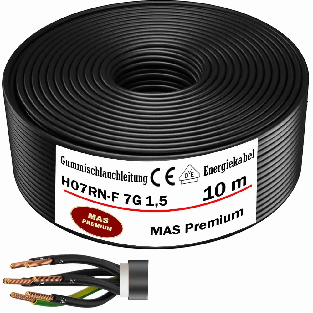 MAS Premium Przewód gumowy 5-80 m, kabel zasilający na plac budowy H07RN-F 7G 1,5 lub 2,5, elastyczny przewód z przewodem ochronnym do ciężkich urządzeń (H07RN-F 7G1,5 mm², 10 m)