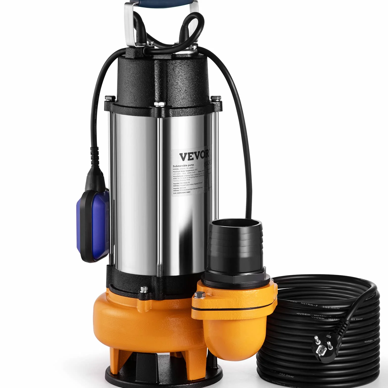 VEVOR 2200 W 3HP, zatapialna pompa do ścieków, maksymalny przepływ 1000 l/min, pompa brudnej wody maksymalne podnoszenie 18 m do basenów, piwnic, stawów