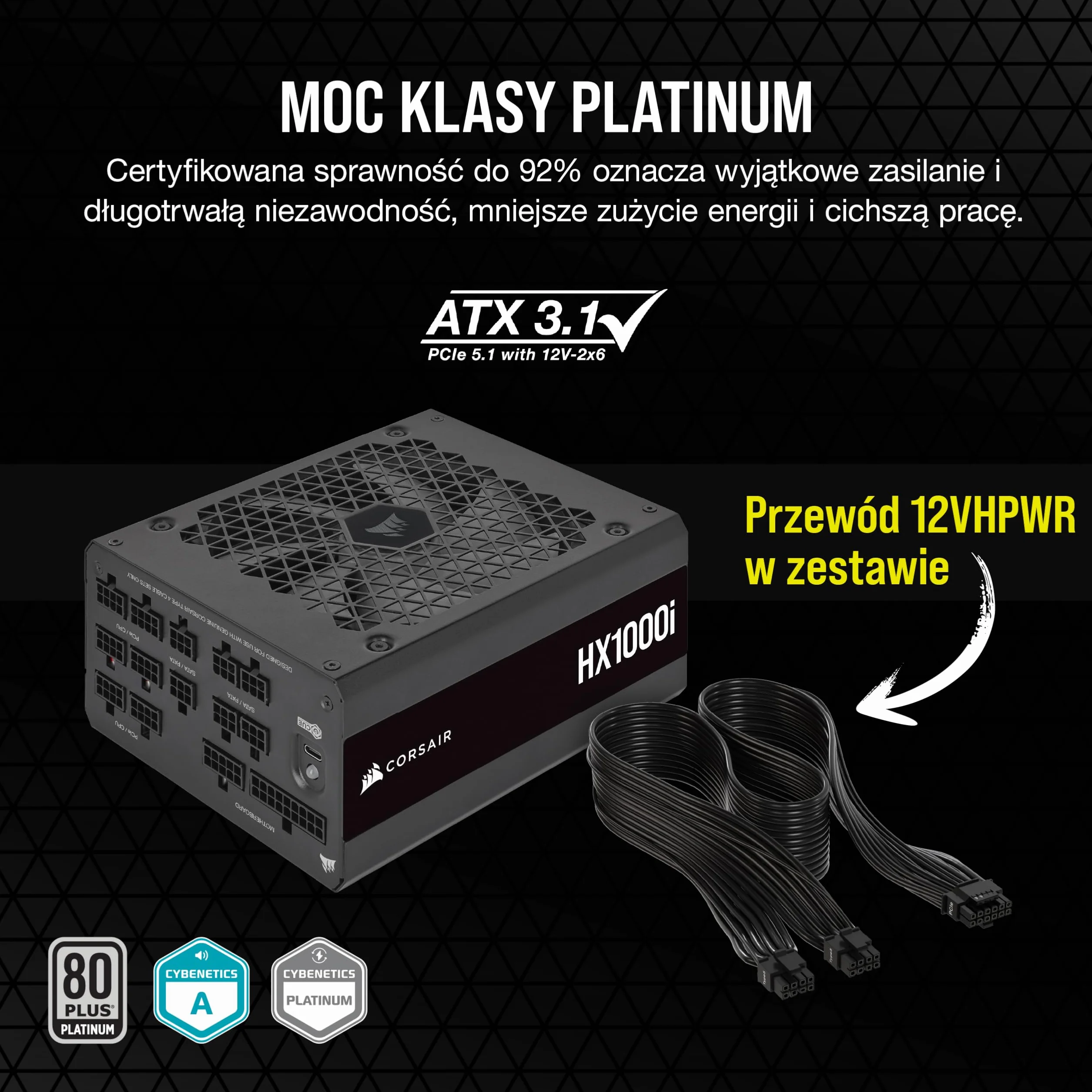Corsair HX1000i W Pełni Modułowy Ultracichy Zasilacz - Zgodny z ATX 3.1 i PCIe 5.1 – Dynamiczne Łożysko Olejowe – Działa z Oprogramowaniem CORSAIR iCUE – Wydajność 80 PLUS Platinum - Czarny