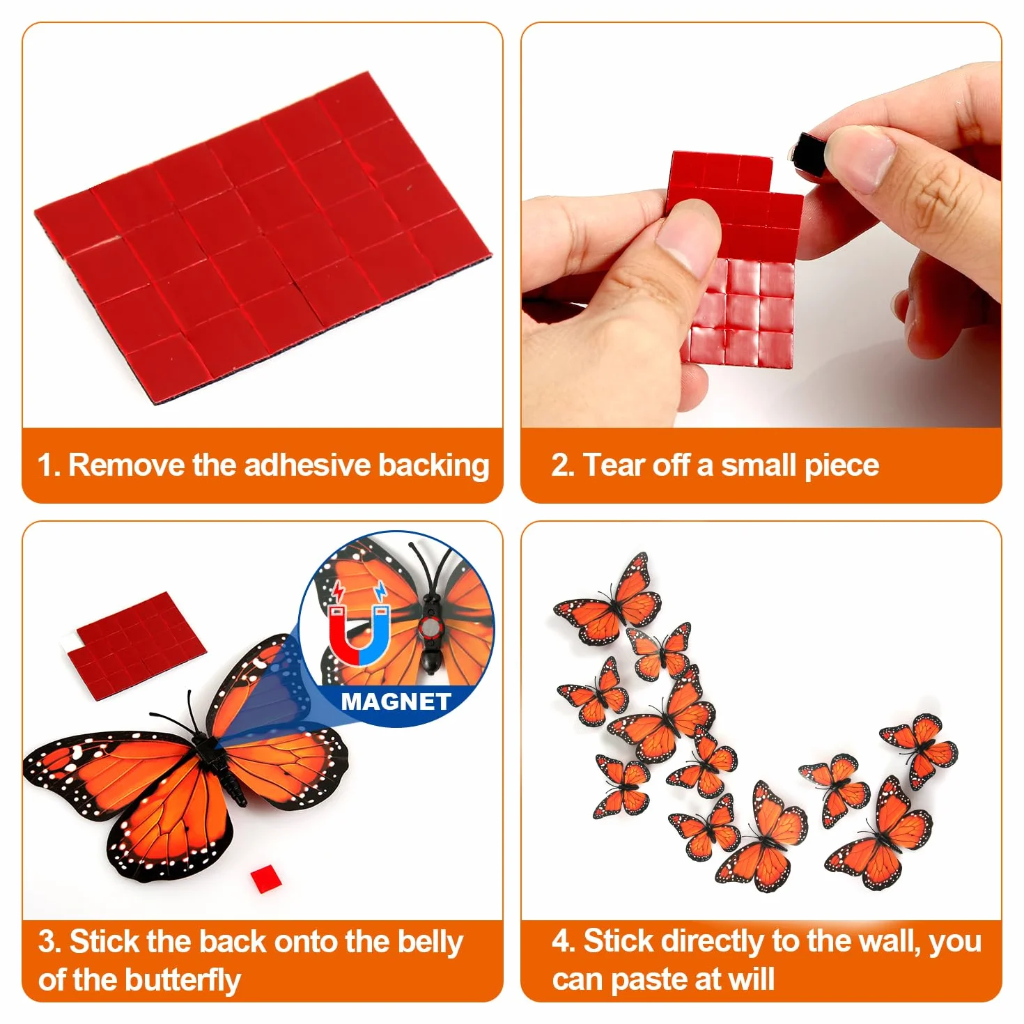 24 Szt. Magnesy Motyl Monarcha, Sztuczny Dekoracje, Naklejki Scienne 3D Motyl Naklejka do Rzemiosla Sciany Domu Wystroju Sztuki Lodówki Halloween Urodzin Imprezy (Pomaranczowy)