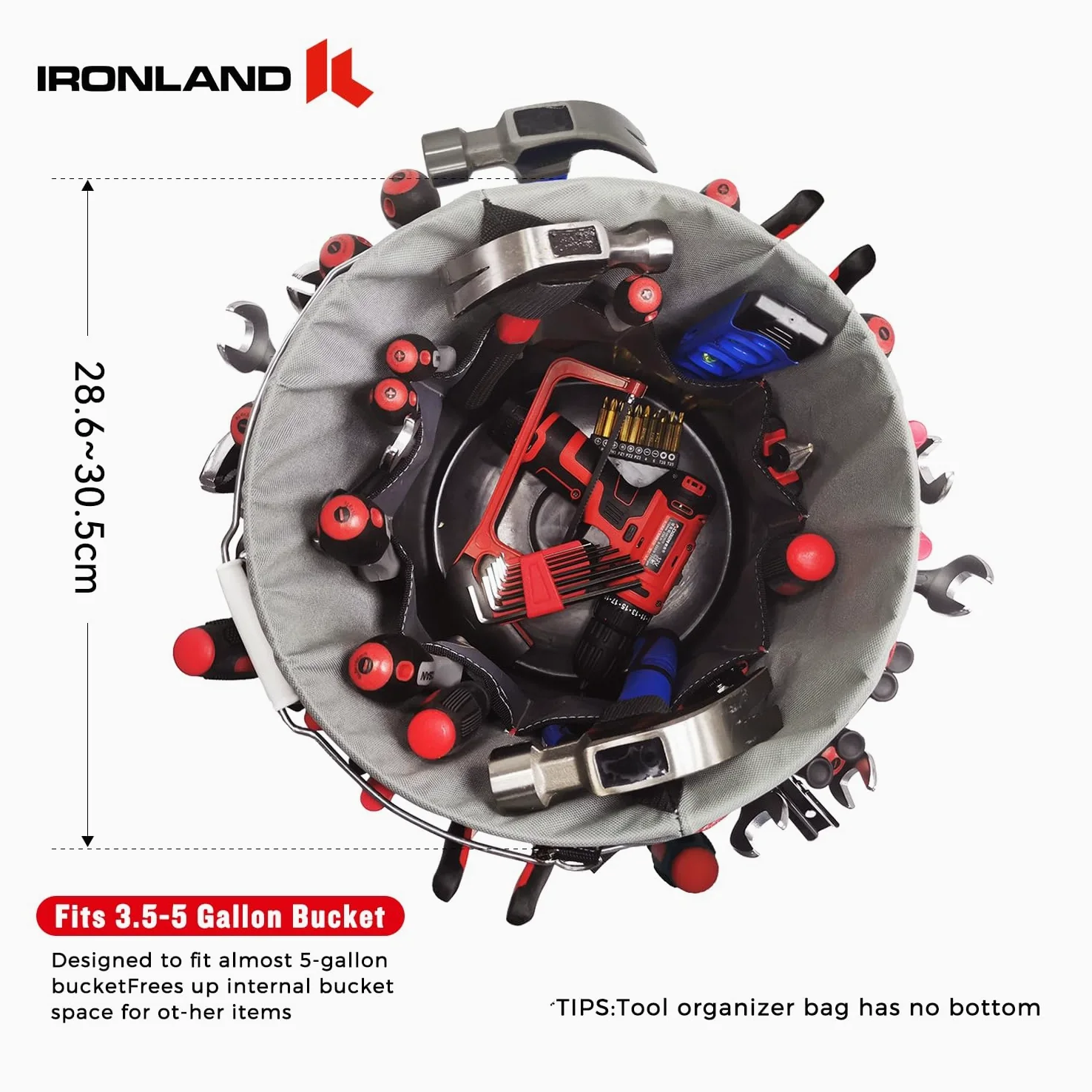 IRONLAND Organizer na narzędzia kubełkowe pasuje do wiadra 3,5-5 l, 51 kieszeni | Organizer na narzędzia kubełkowe do ogrodu, budownictwa, stolarza, elektryka, spawania, budowniczego, czerwono-czarnego