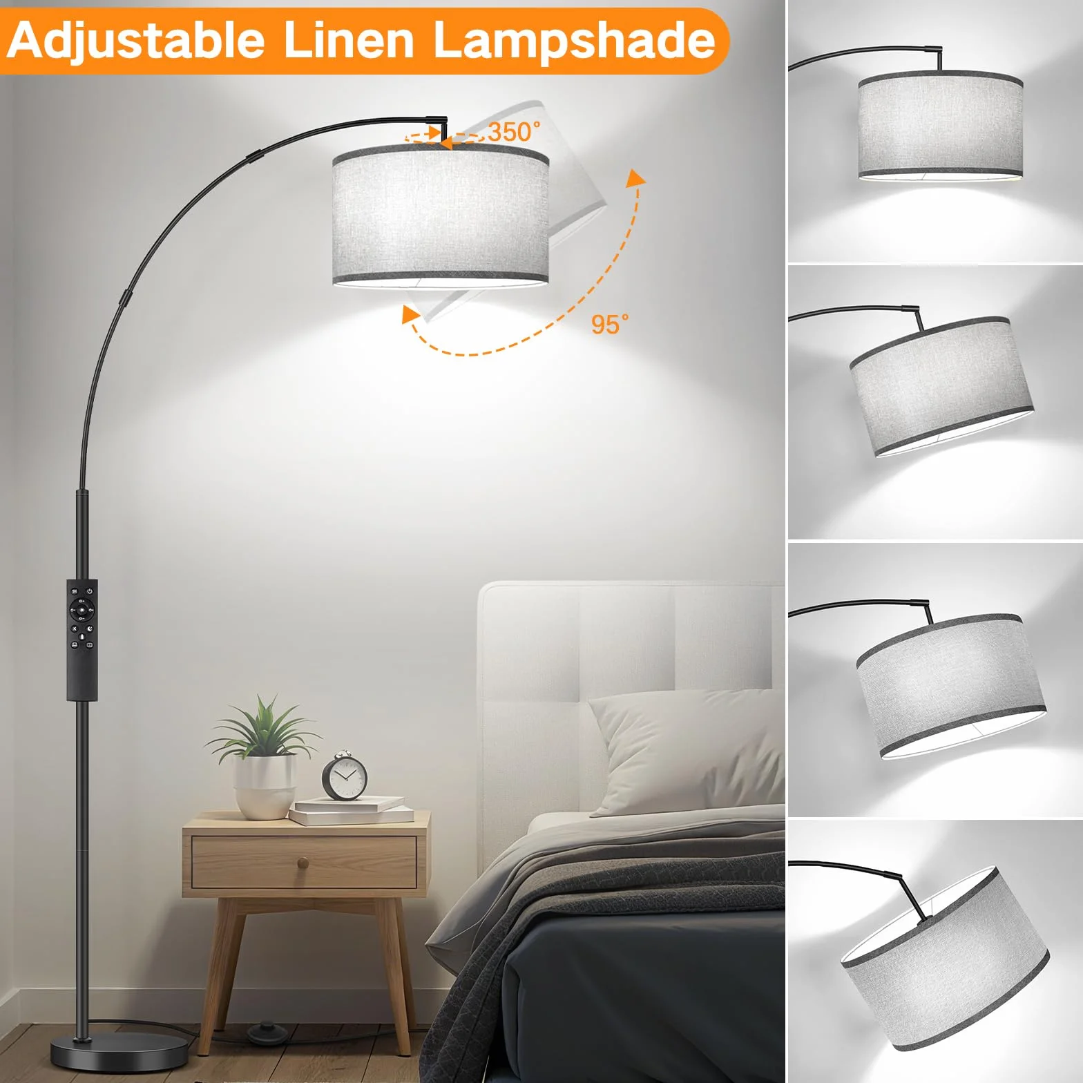 OUTON Lampa Łukowa do Salonu, LED Stojąca z Abażurem w Kolorze Szary 40cm, Pilotem i Przełącznikiem Nożnym, 3 Temperaturami Barwowymi, w Zestawie Żarówka E27, Czarna do Sypialni lub Biura