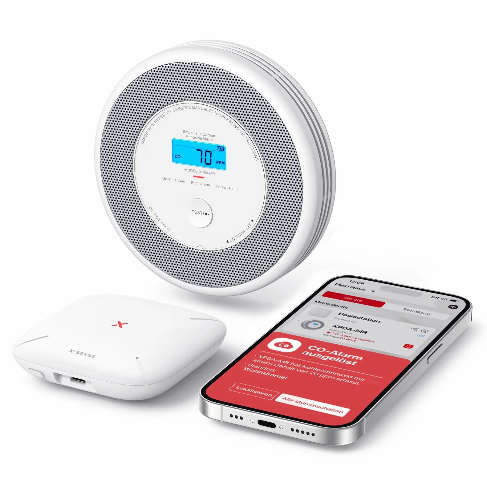 XSensor WLAN detektor dymu i tlenku węgla, alarm głosowy i powiadomienie o lokalizacji, czujnik dymu 2 w 1 ze stacją bazową SBS50, XP0A-MR11, 1 sztuka