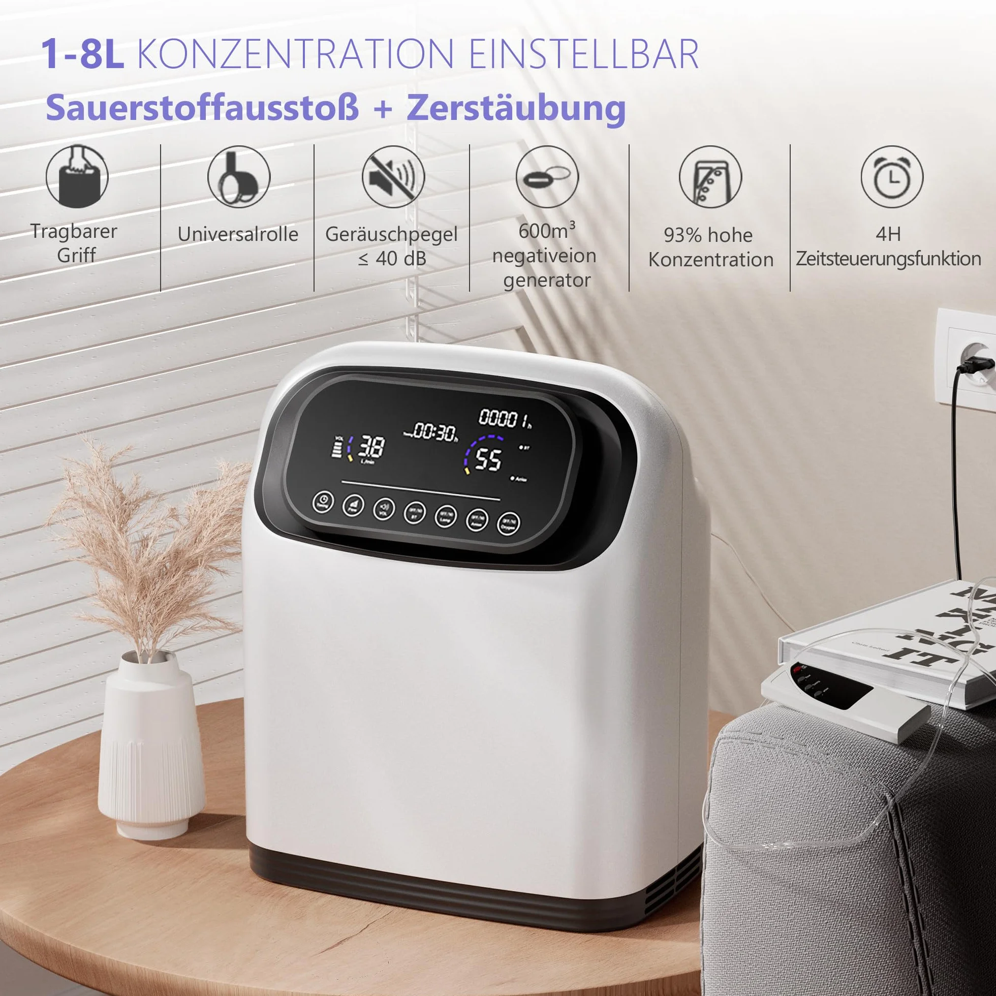 Koncentrator tlenu 1-8 litrów, ciągłe dostarczanie 90% ± 3% tlenu przez 24 godziny na dobę, nadaje się do domu, biura i w podróży