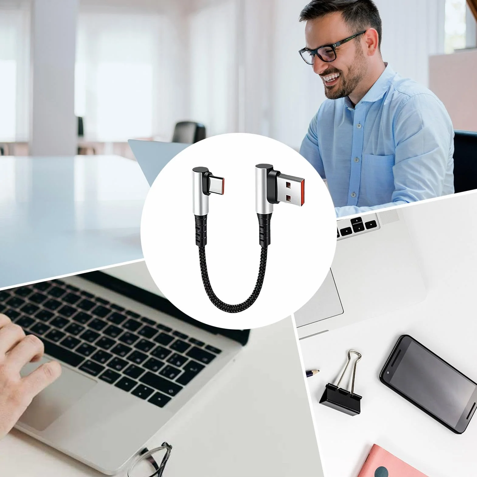 Krótki przewód USB, przewód USB C, Krótki kabel ?aduj?cy 90 stopni typu C Przewód adapterowy, Kabel do szybkiego ?adowania C Cord 6A, k?towy, do komputera i telefonu