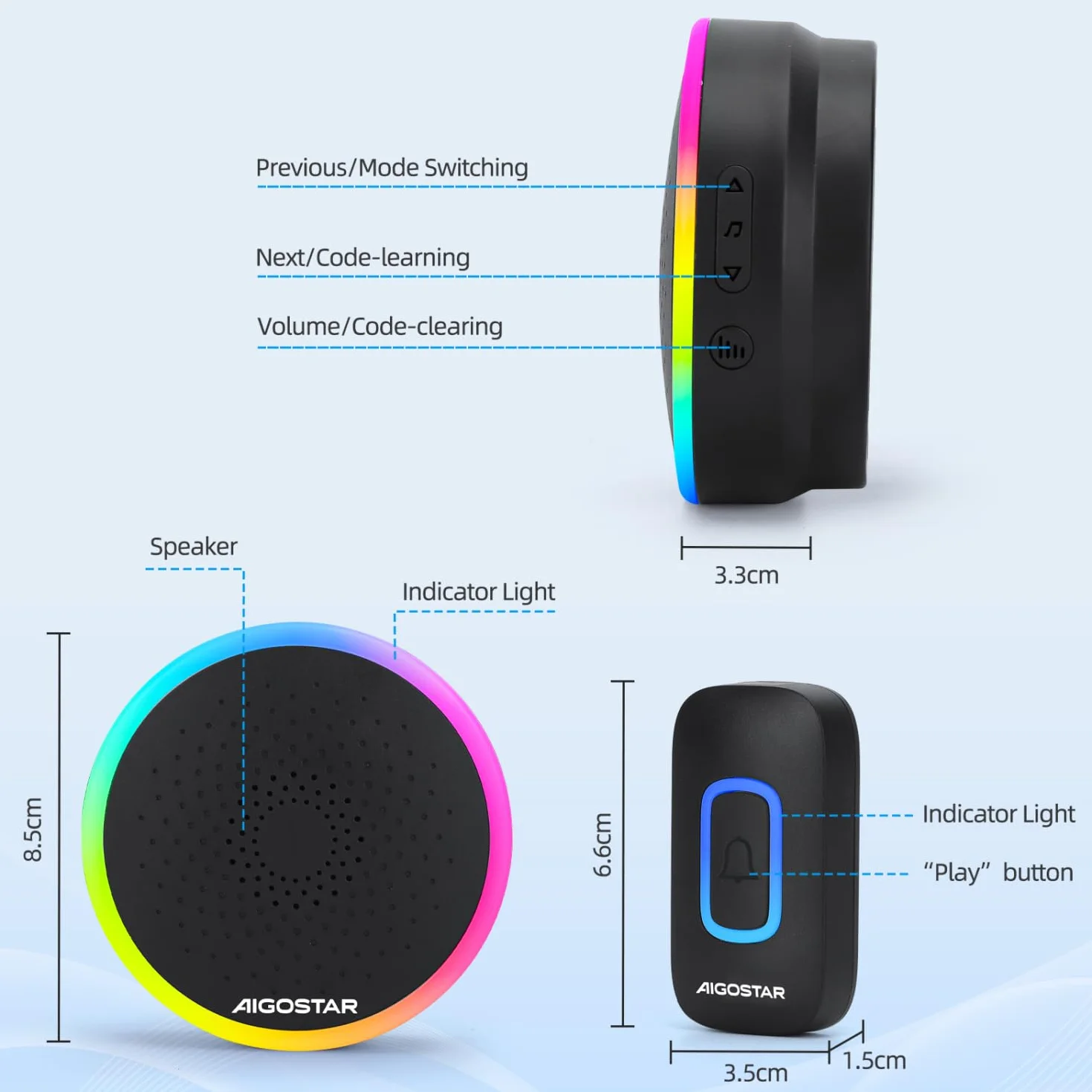 Aigostar Bezprzewodowy dzwonek RGB, wodoodporny, zewnętrzny bezprzewodowy dzwonek, IP55, 5 poziomów głośności (0-120 dB) i 60 melodii