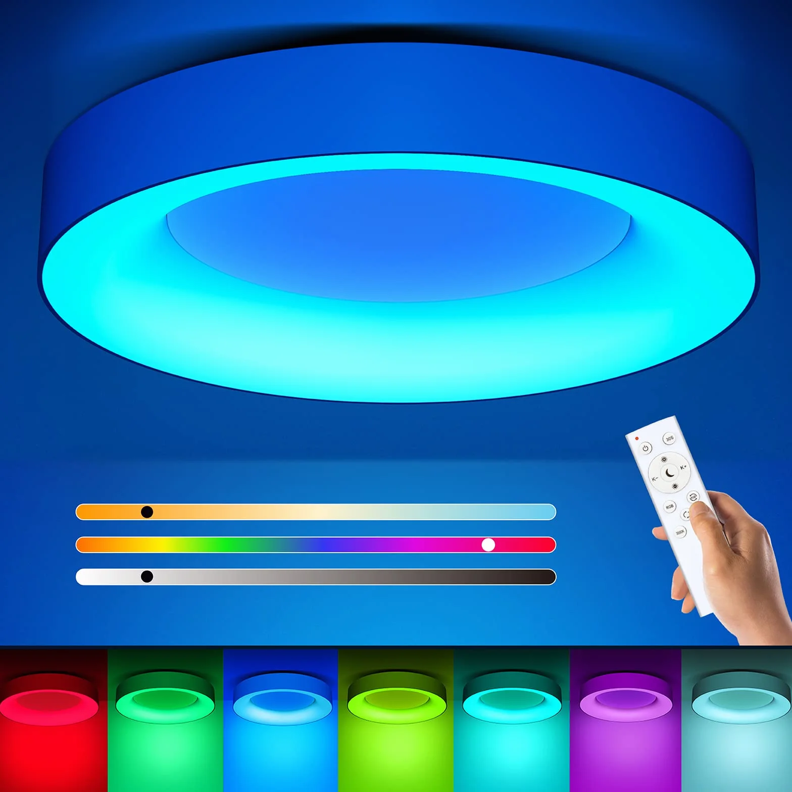 Matane Lampa sufitowa LED RGB, ściemniana, 24 W, lampa sufitowa z pilotem zdalnego sterowania, zmiana koloru 3000-6500 K, do salonu, sypialni, pokoju dziecięcego, kuchni, łazienki, okrągła, 28 cm