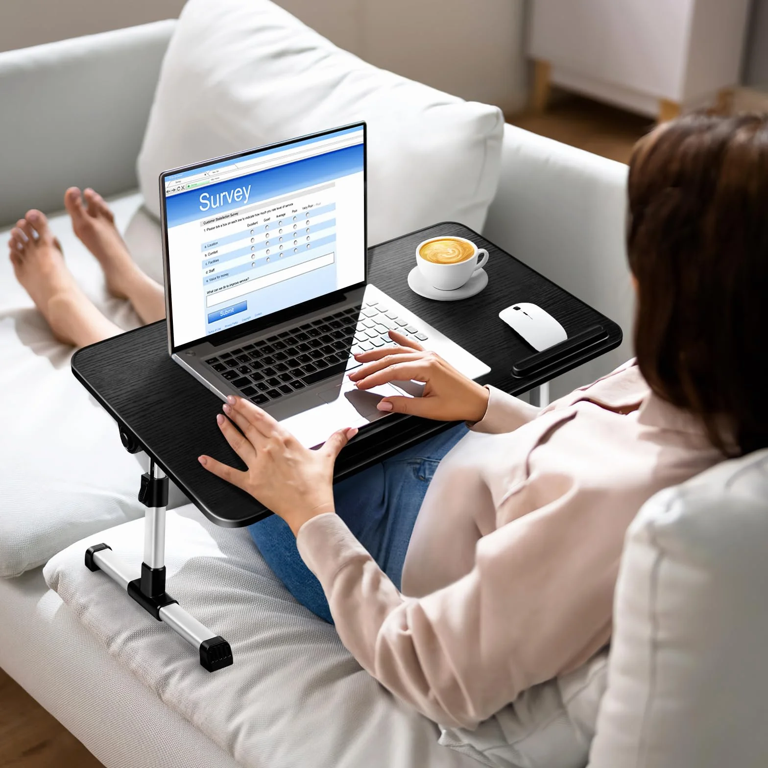 Stolik do Laptopa do łóżka, Regulowana Wysokość i Kąt, Składany, Z Szufladą, Stojakiem na Tablet, Może być Używany w łóżku, na Kanapie, na Podłodze (53 x 30 cm, Czarny)