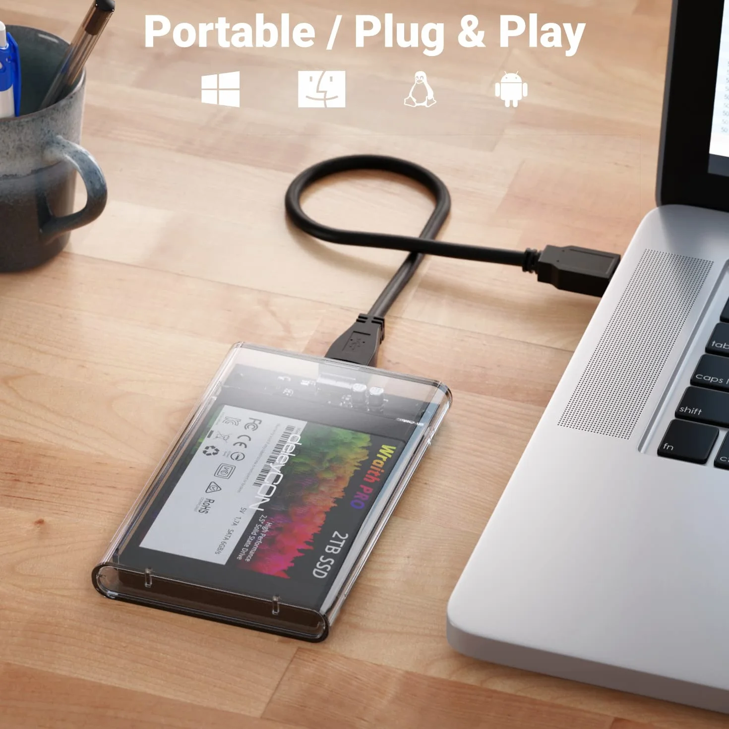 deleyCON Obudowa SSD USB a (5Gbps USB 3.1) do Dysków SATA 3 2,5" SSD / HDD / 7 mm do 9,5 mm SATA III Obudowa Zewnętrzna UASP [Przezroczysta]