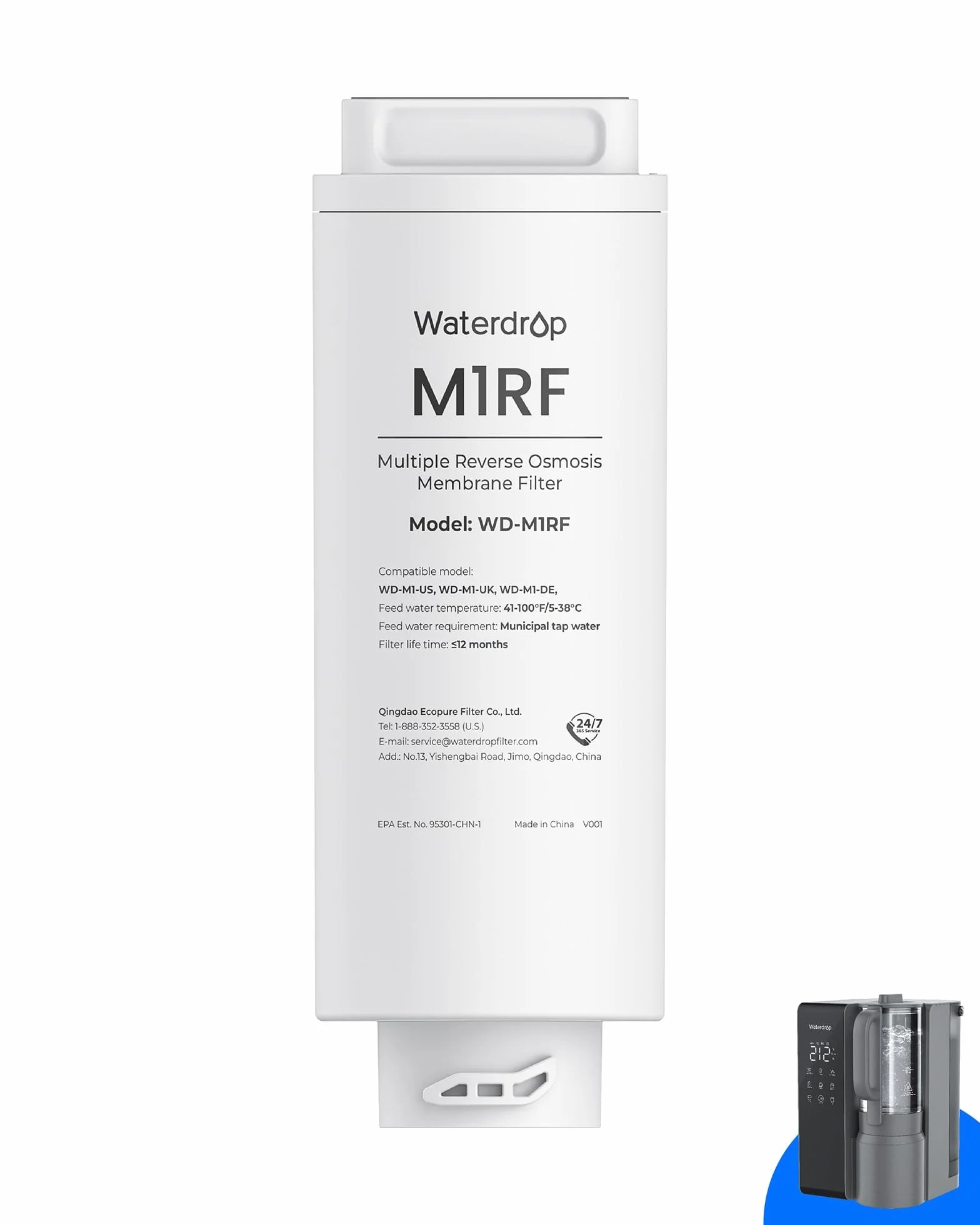 Waterdrop Filtr WD-M1RF, zamiennik dla systemu odwróconej osmozy WD-M1, żywotność 12 miesięcy