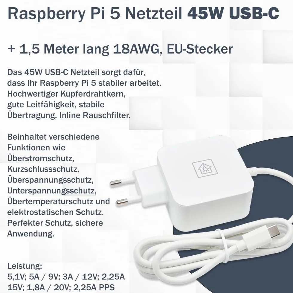 Raspberry Pi 5 USB-C zasilacz 45 W, USB-C Power Supply, Raspberry Pi 5 4 GB/8 GB/16 GB (biały)