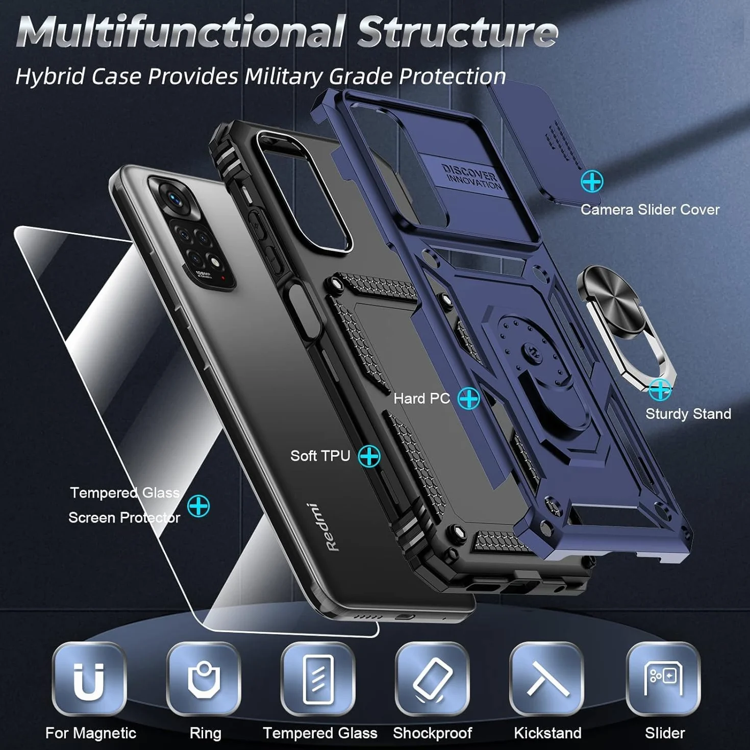 LeYi Etui Xiaomi Redmi Note 11 Note 11S 6,43" szkło hartowane metalowy pierścień ochronne niebieskie