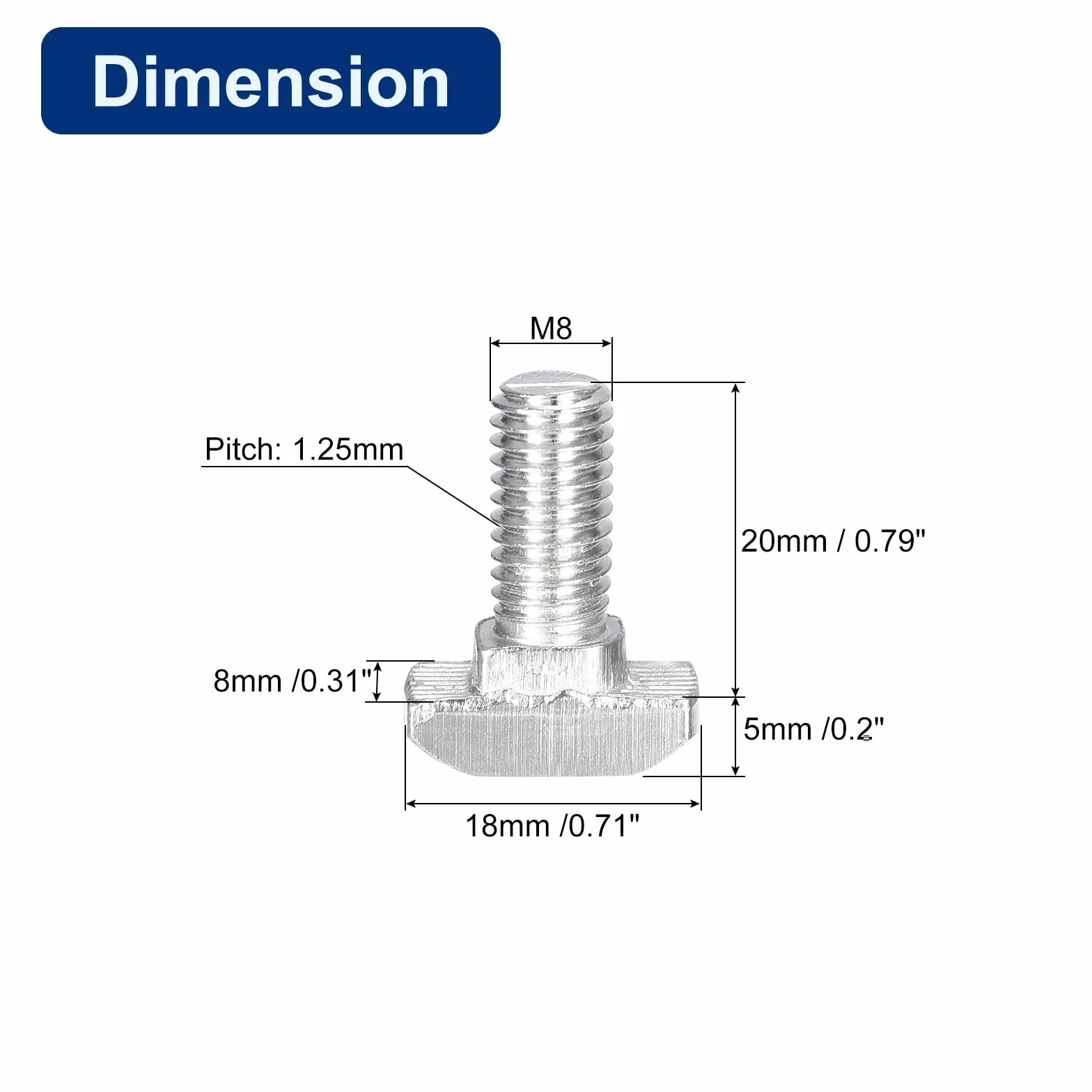 QUARKZMAN 40 sztuk śrub T-Slot, M8 x 20 mm Śruba z łbem młotkowym T Pin do profilu aluminium do T-lota serii 4040, stal węglowa niklowana, srebrny