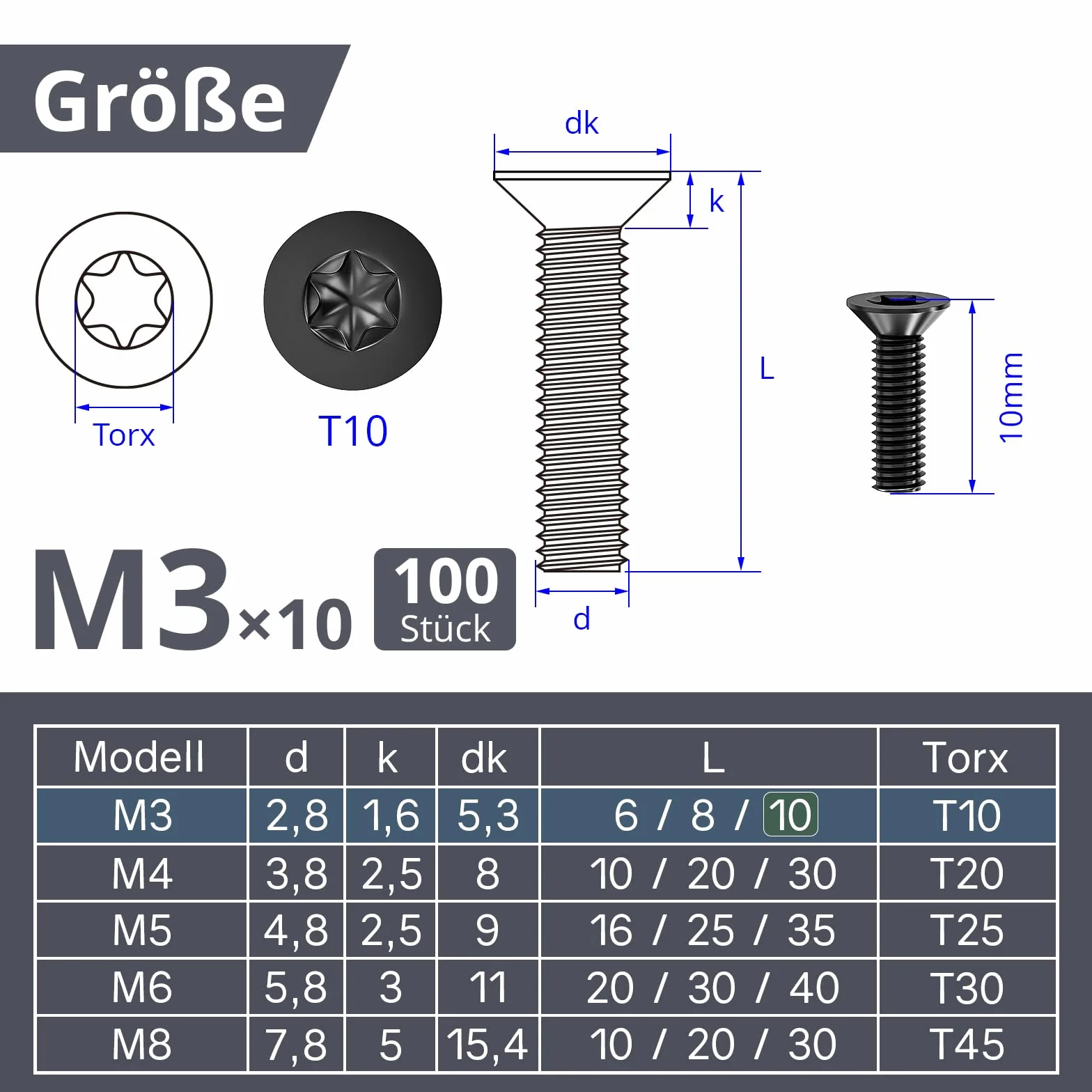 ORTAVA 100 sztuk śrub z łbem wpuszczanym M3 x 10 mm, M3 śruby z łbem wpuszczanym Torx ze stali nierdzewnej 304, śruba z łbem wpuszczanym z gniazdem sześciokątnym / Torx (ISR/TX) zgodnie z normą ISO