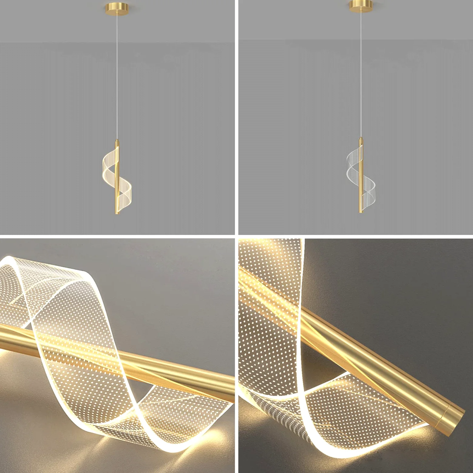 Złota spiralna lampa wisząca, mini lampka nocna wisząca, nowoczesny żyrandol LED, aluminiowe długie lampy wiszące ze skręconym akrylowym kloszem, 3 tryby kolorów oświetlenia Drop Lights
