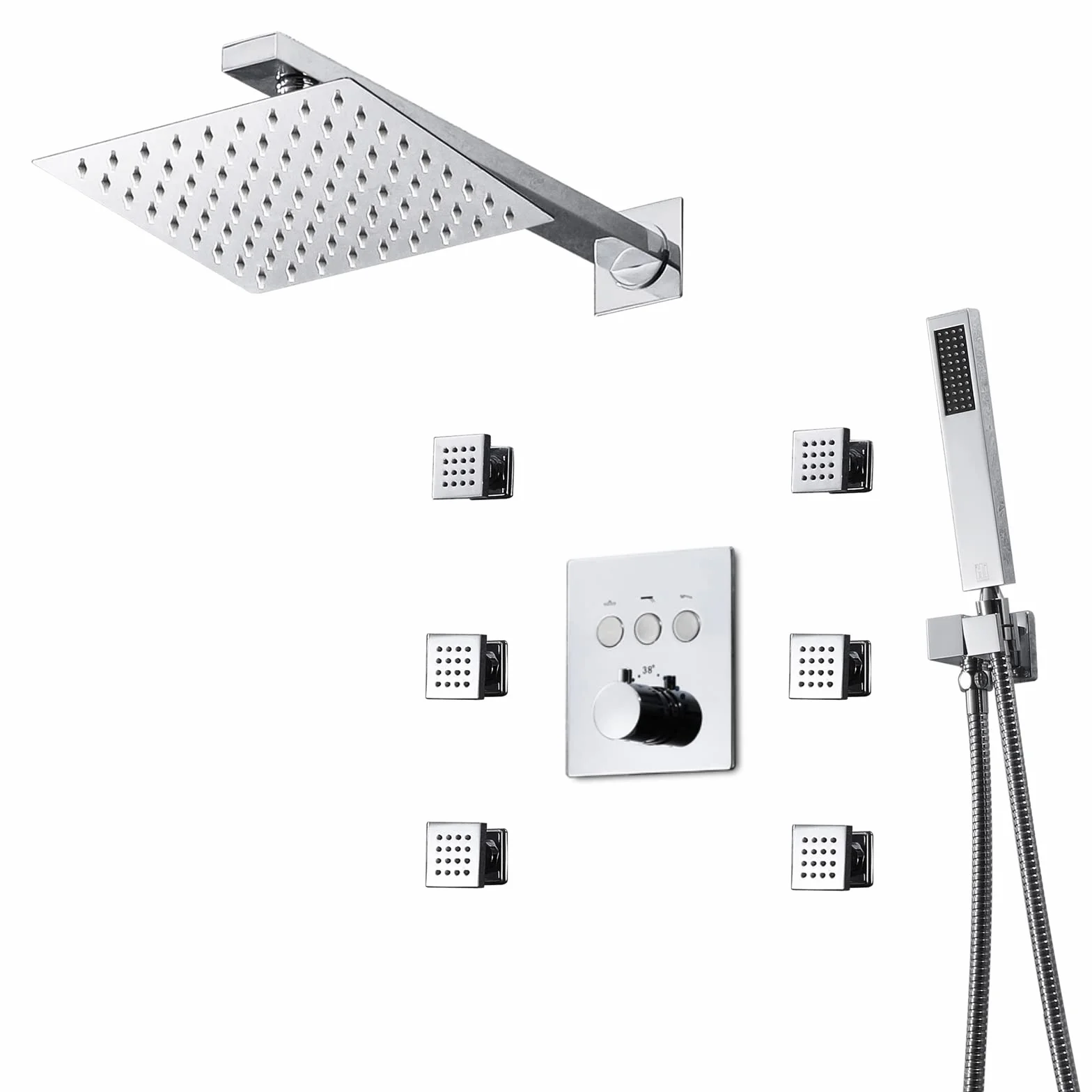 Chromowany system prysznicowy z deszczownicą i ręczną głowicą prysznicową, podtynkowa, wysokoprzepływowa bateria prysznicowa z deszczownicą, zestaw combo, montaż sufitowy