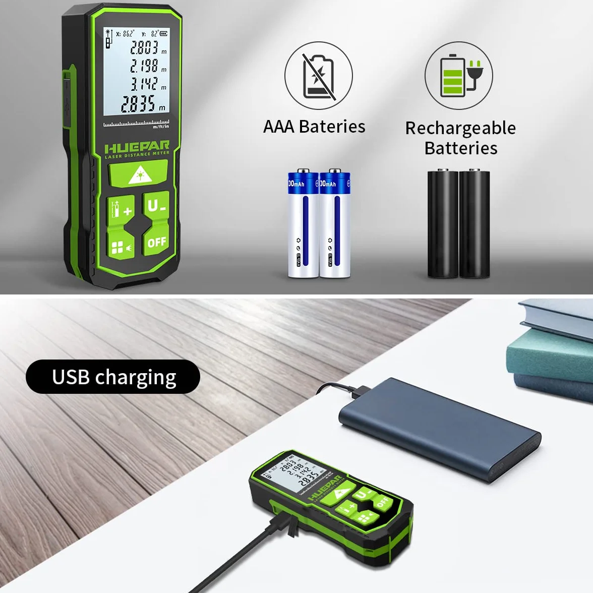 Huepar Laser Distance Measure 196Ft(60M) with Rechargeable Battery & Dual Angle Display, Laser Measure M/In/Ft with Mute Function & Multi-Measurement Modes, Pythagorean, Distance, Area & Volume-S60+