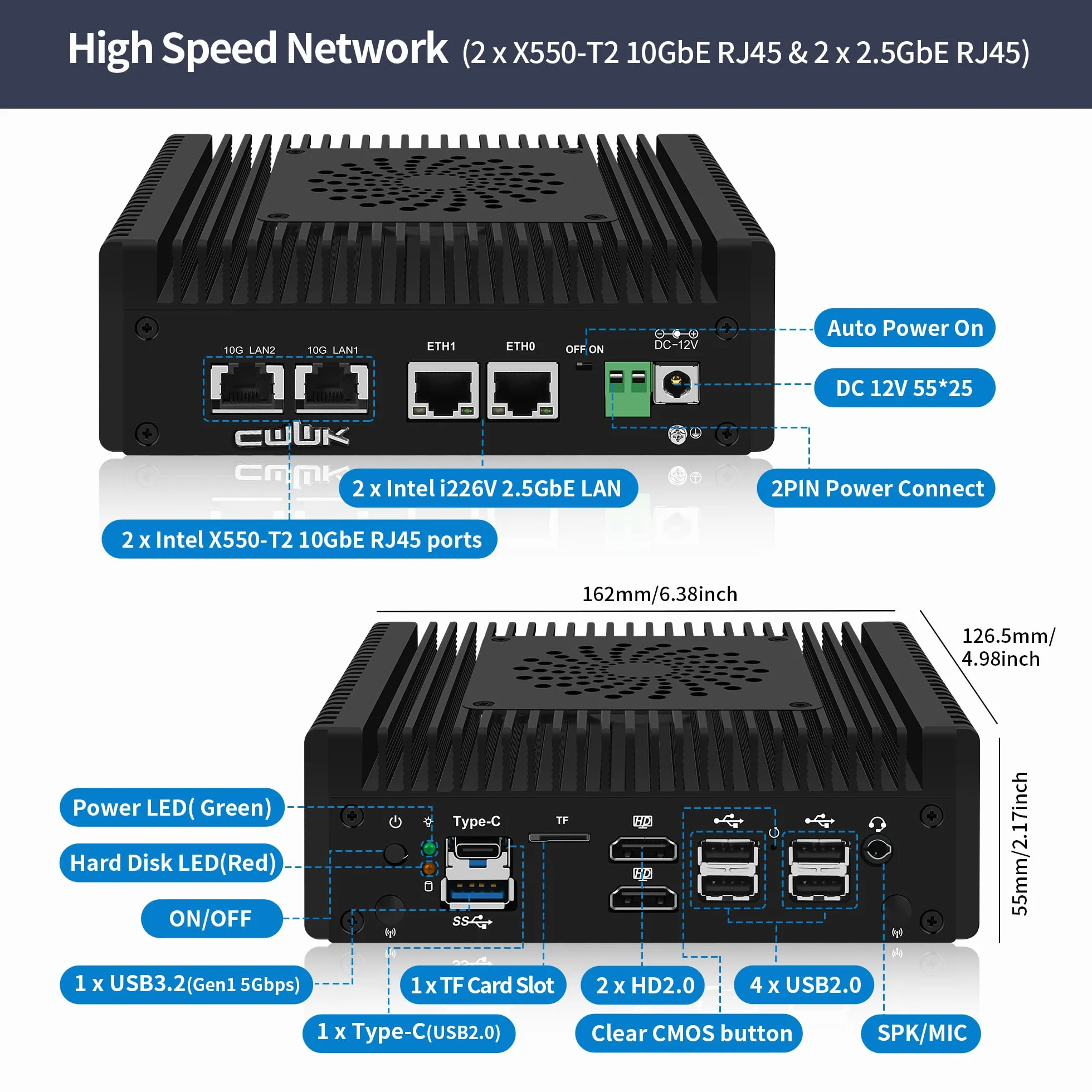 CWWK N150 Mini PC Firewall 4x 10GbE RJ45 2.5GbE LAN S7 Pro OPNsense Barebone DDR5 Dual NVMe