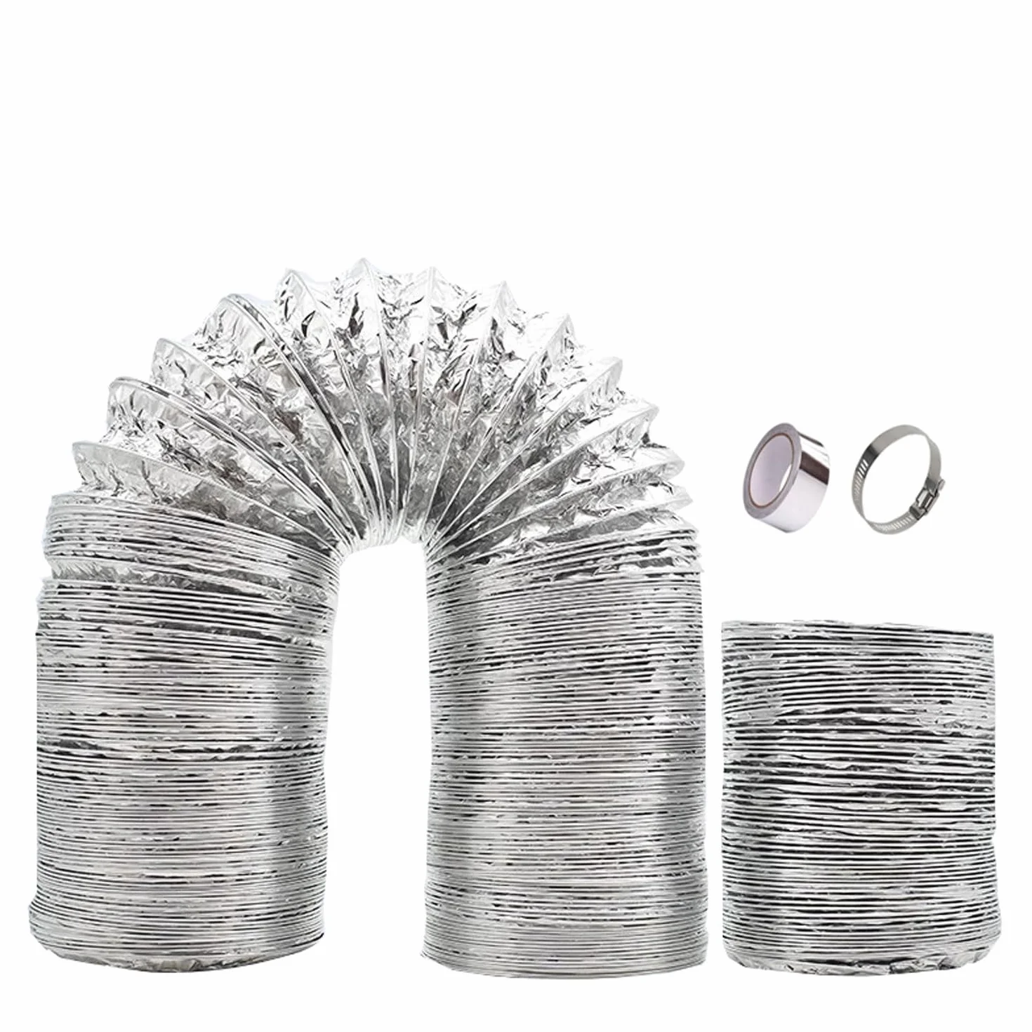 Elastyczny kanał wentylacyjny z aluminium, W zestawie 2 opaski zaciskowe 80-200 mm i 1 taśma aluminiowa(1.5m 100mm)