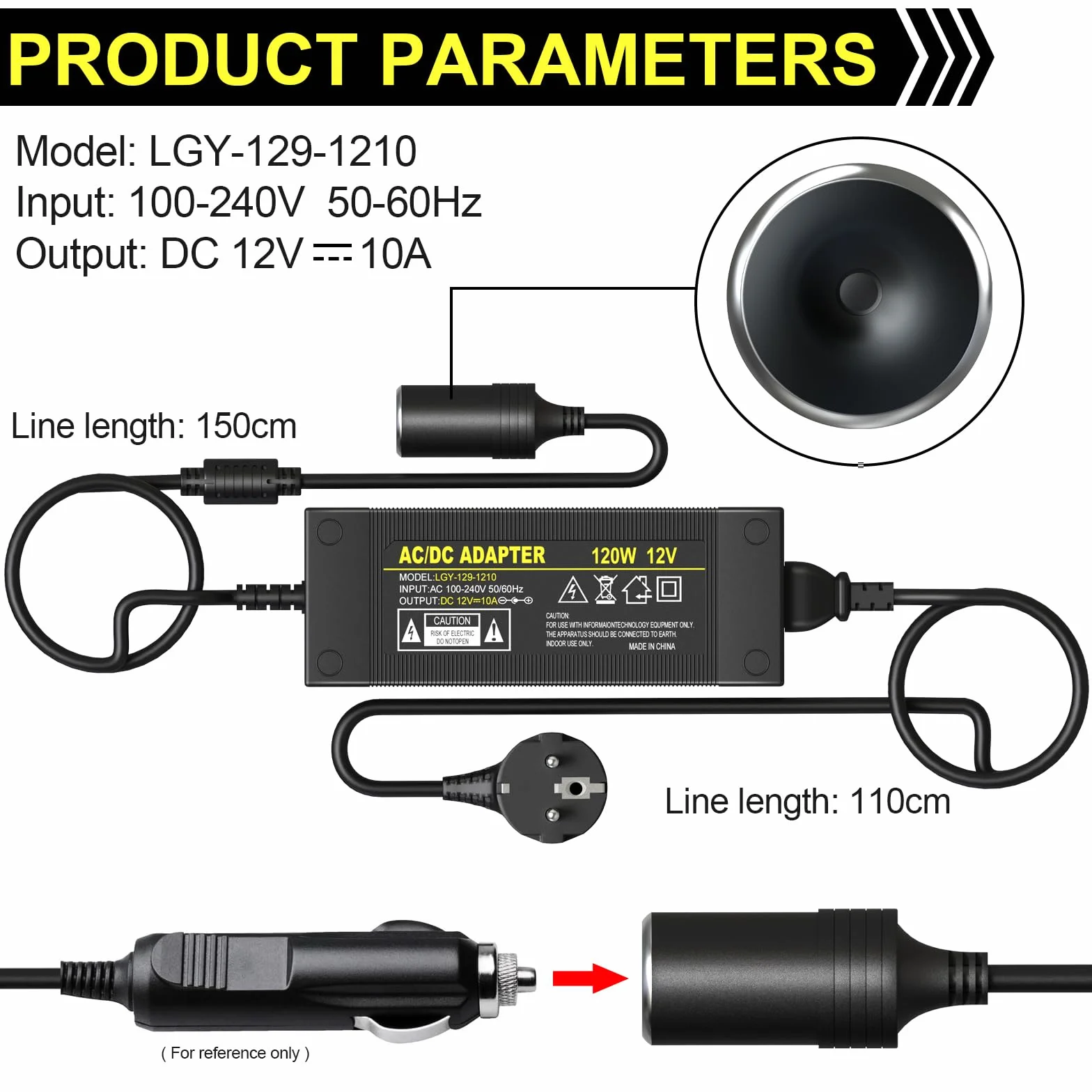 Fxlpower Przetwornica napięcia 230 V na 12 V 10 A zasilacz sieciowy z gniazdem zapalniczki samochodowej