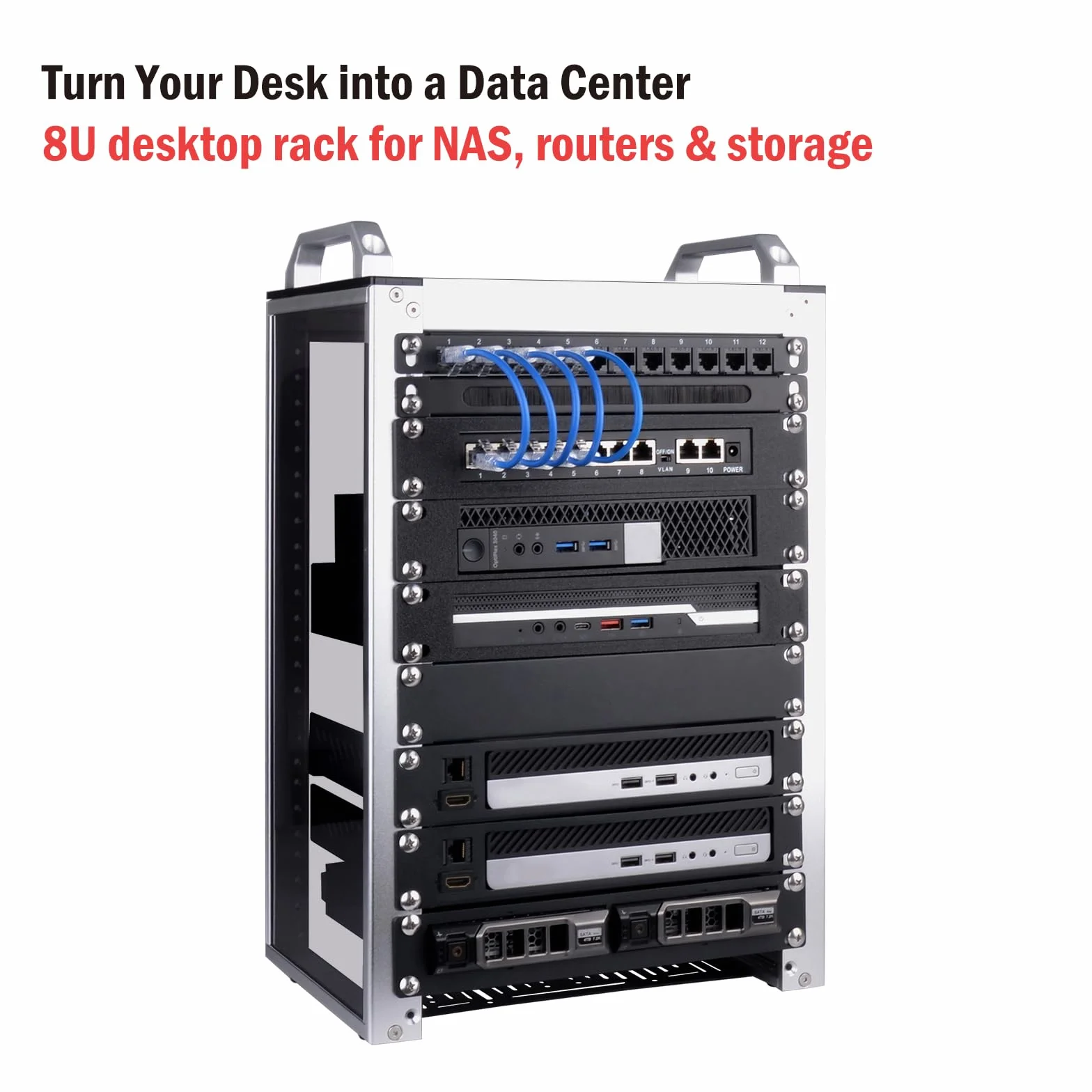 GeeekPi DeskPi RackMate T1, 10-calowa szafa serwerowa 8U, mini rack o głębokości 200mm z półką i pustym panelem, do 10-calowego sprzętu AV, NAS i serwera (srebro)