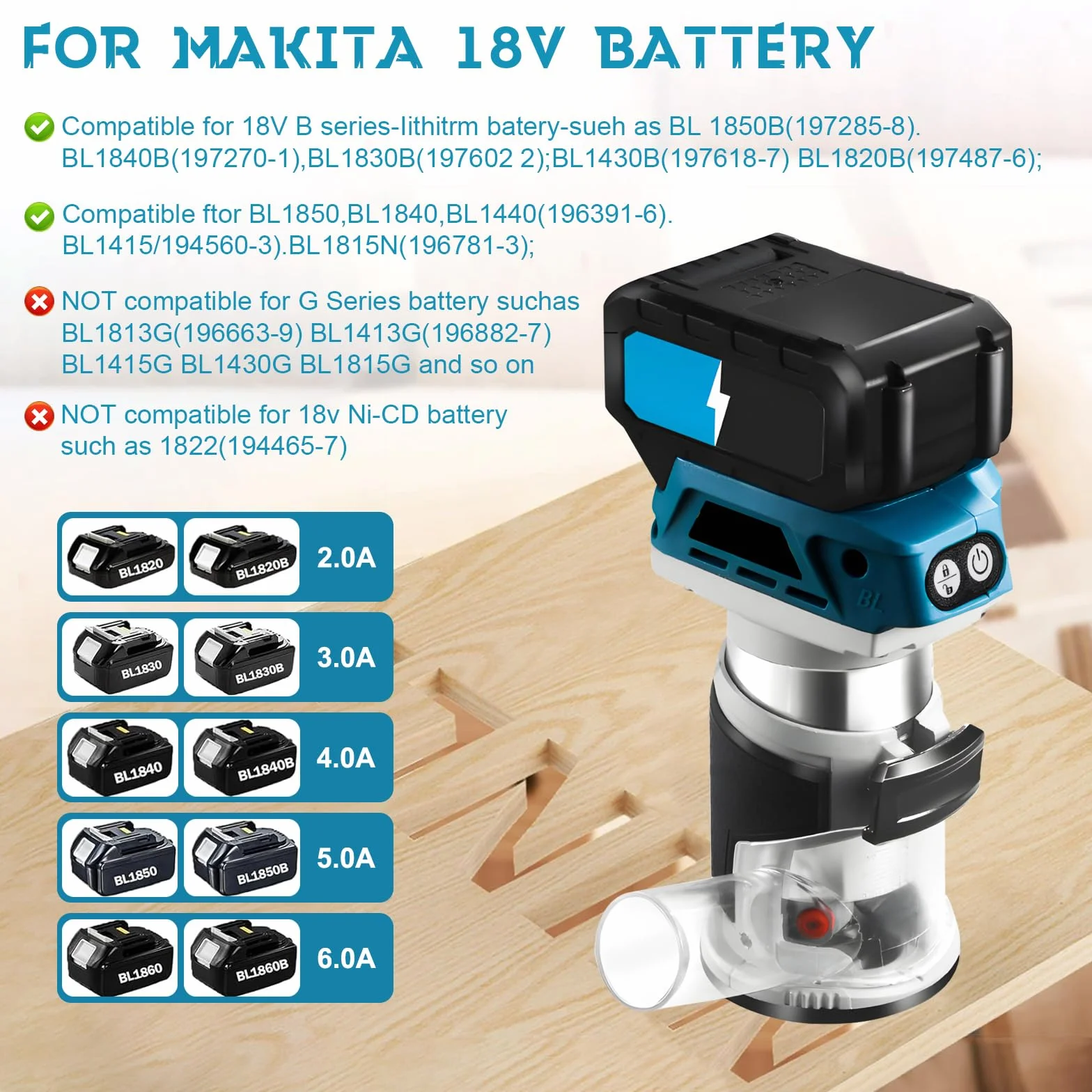 frezarka akumulatorowa górnowrzecionowa kompatybilna z akumulatorem Makita 18 V, 800 W, jednoręczna, bezszczotkowa, krawędziowa z 6 prędkościami, 33 000 obr./min