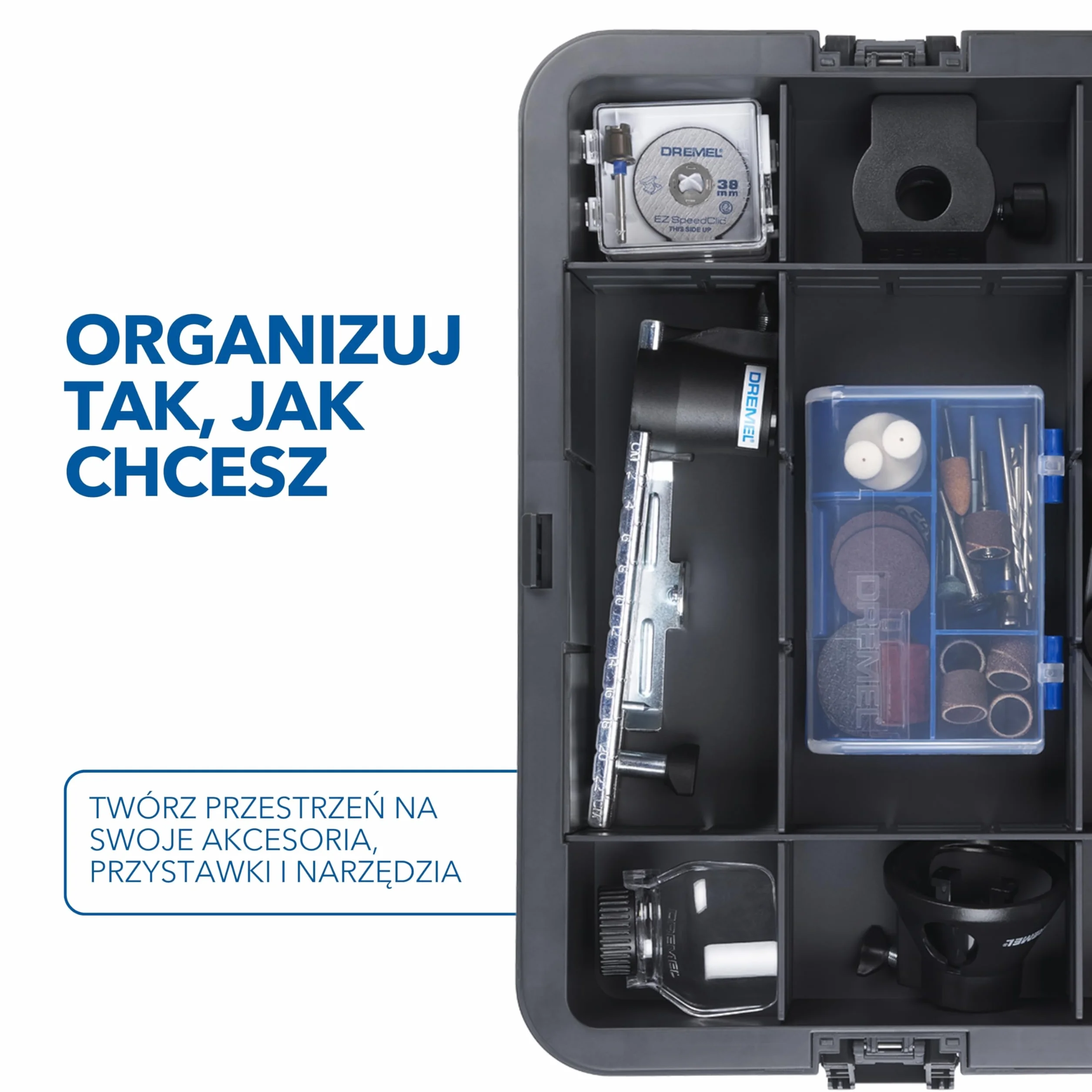 Dremel Black Box Przechowywanie narzędzi z 6 przegródkami i uchwytem na akcesoria, Personalizowany organizer DIY do akcesoriów narzędzi obrotowych, kompaktowy i modułowy system przechowywania