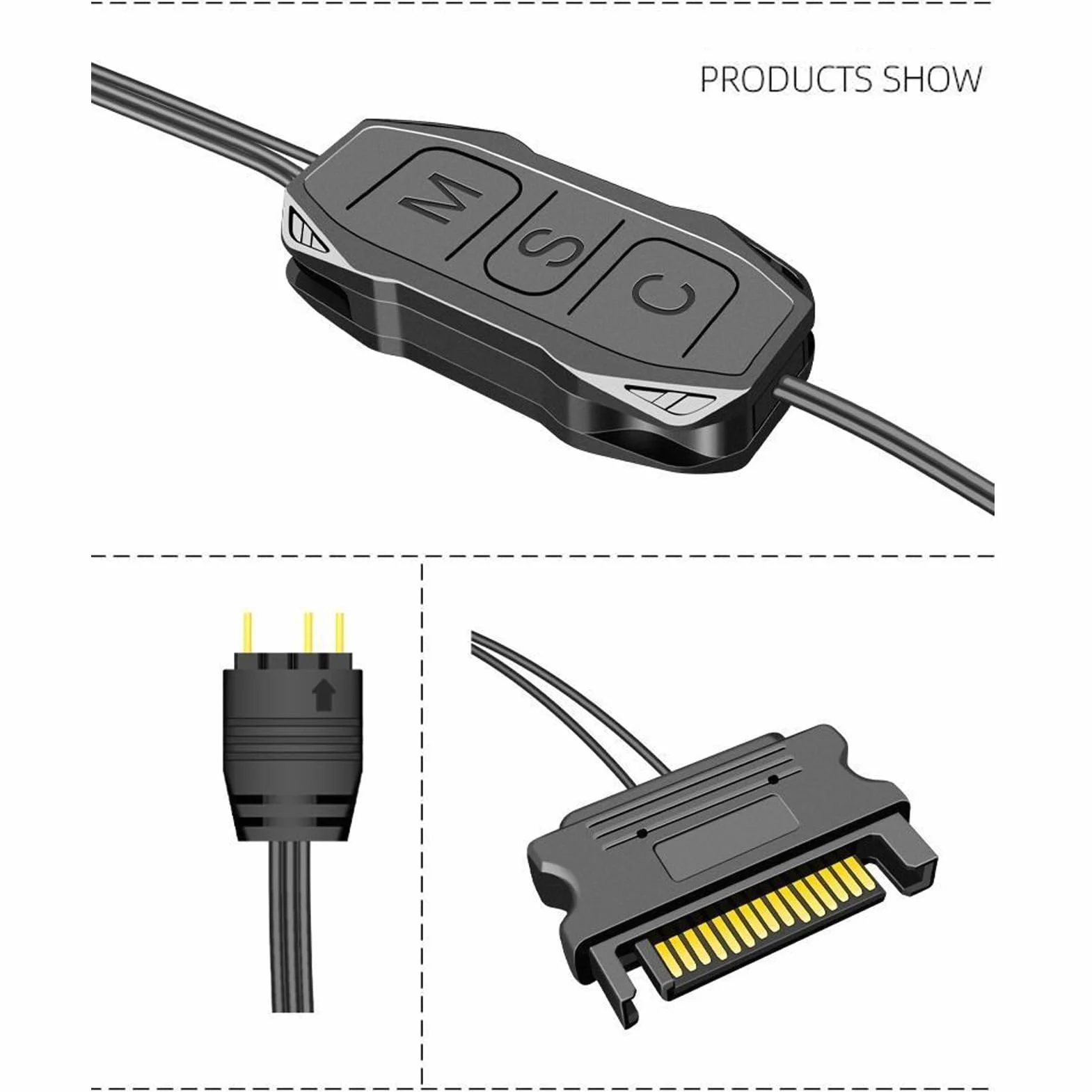 Kontroler ARGB 5V 3-pinowy Zasilacz SATA ARGB Light Stripe Remote Controller, ARGB PC Fans Kit Controller for PC Rainbow LED Strip, Komputerowe Wentylatory ARGB (BLACK)