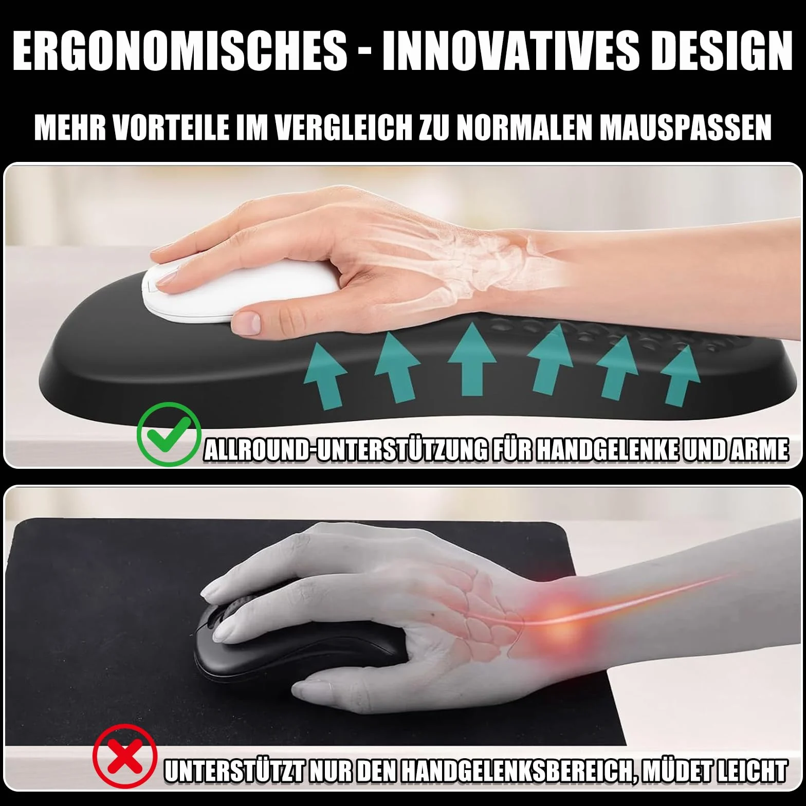 Ergonomiczna podkładka pod mysz z podpórką pod nadgarstek, pianka memory + poduszka żelowa, antypoślizgowa podstawa z poliuretanu, do biura, gamingu, laptopa, PC (czarna)