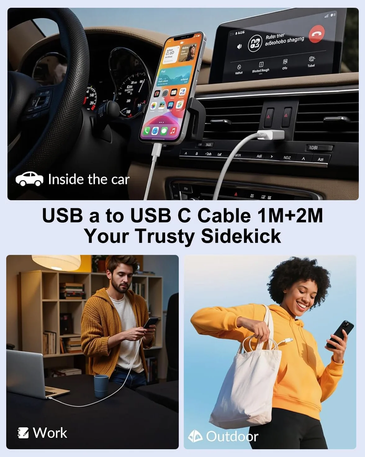 Kabel Carplay do iPhone'a 17/16/15, Kabel Ładujący USB C, zestaw 2 sztuki 1M + 2M kabel USB do USB C kabel Ładujący do iPhone'a Przewody do ładowania Przewód ładujący do iphone'a 17 16 15 Pro Max Plus