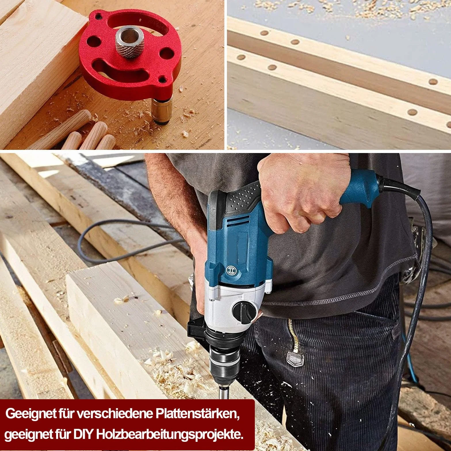Pomoc do wiercenia otworów w drewnie, lokalizator centralny, pionowe samocentrujące, z tulejami wiertniczymi 3/4/5/6/7/8/9/10 mm, pionowy kołek rozporowy ze stopu aluminium, czerwony
