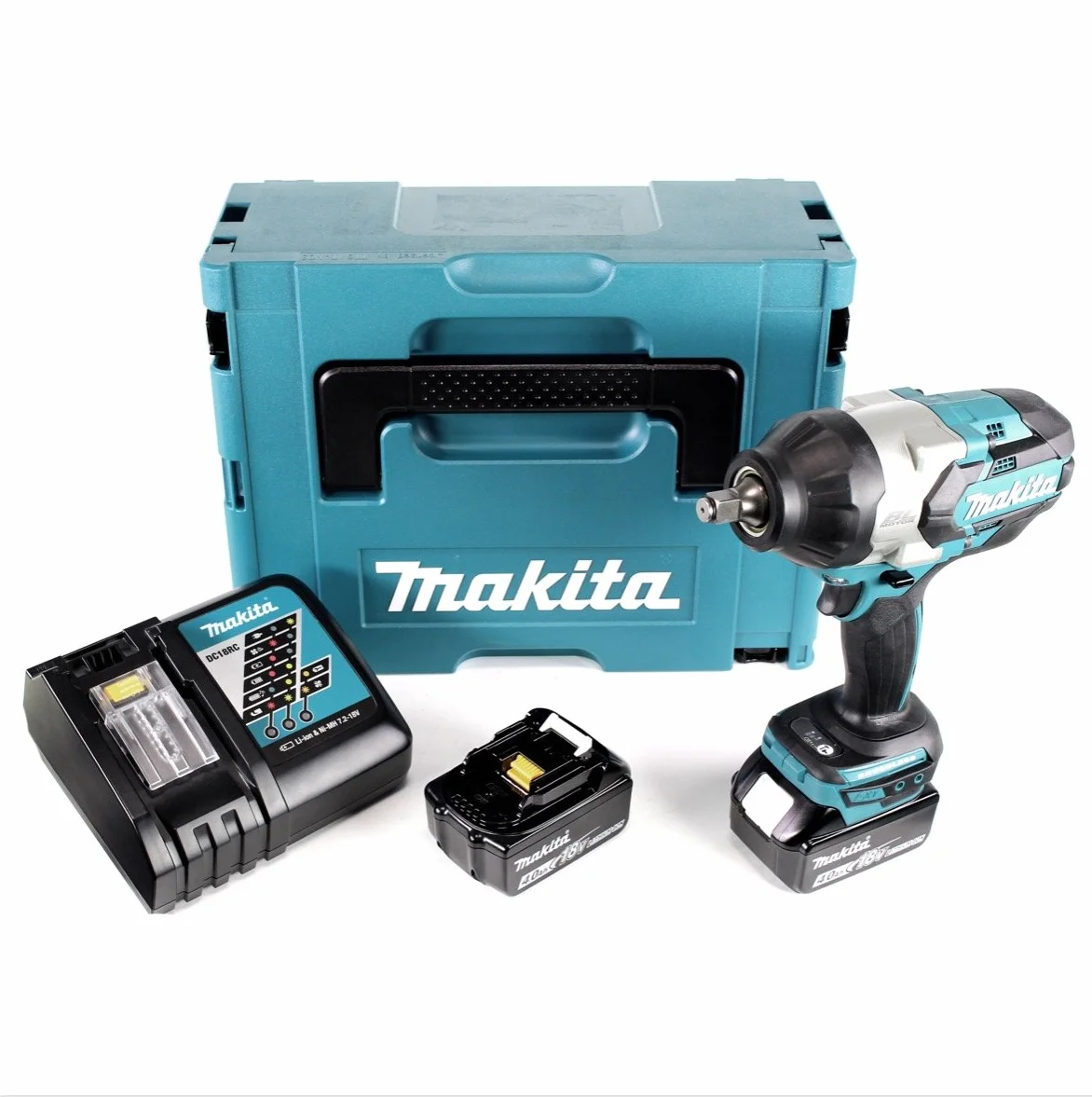 Makita DTW 1002 RMJ 18 V Li-Ion bezszczotkowa akumulatorowa wkrętarka udarowa z obudową Makpac + 2 x akumulator BL1840 4,0 Ah + szybka ładowarka DC18RC