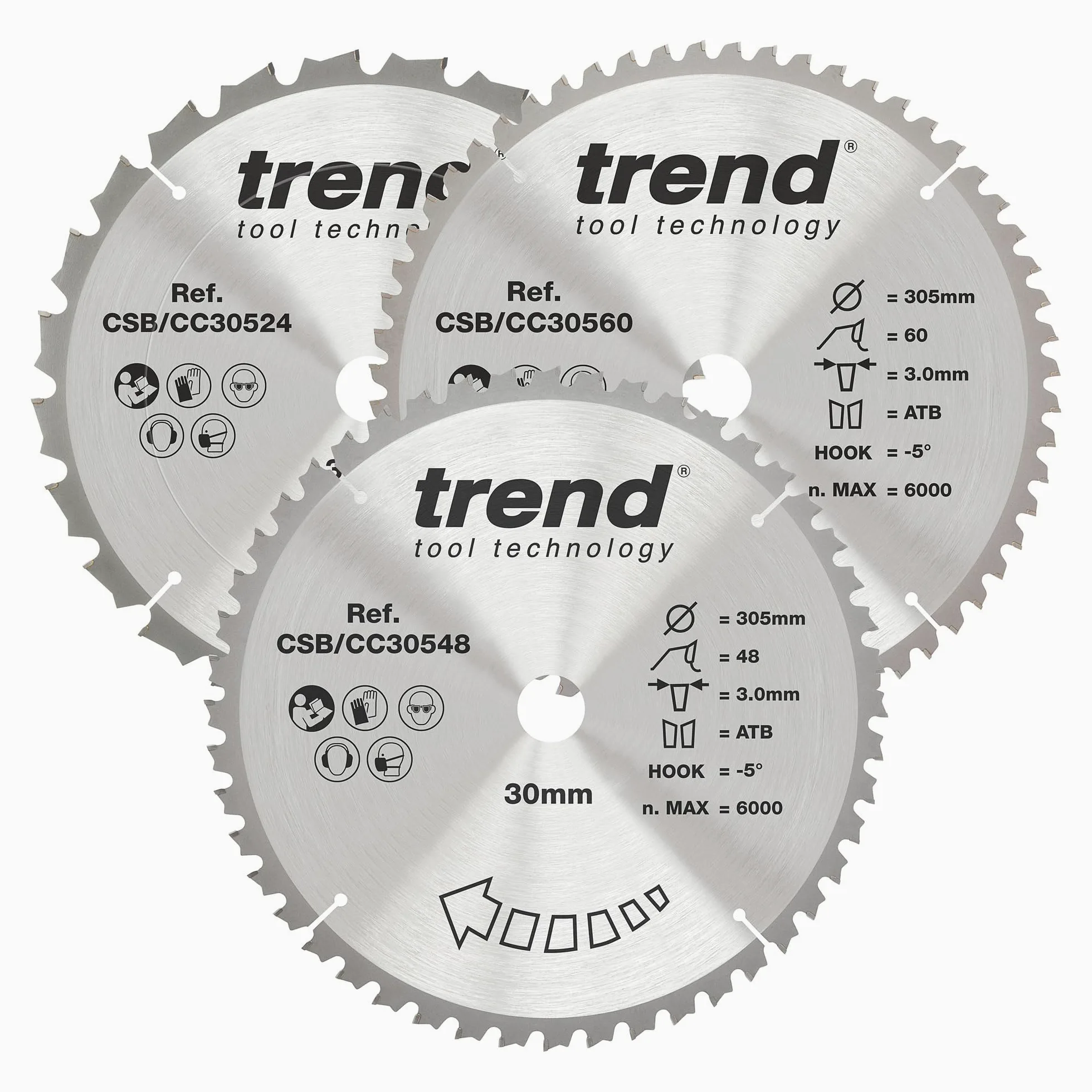 Trend Tarcze TCT do ukośnicy drewna 305 mm 30 mm 24/48/60T 3 szt. | 3 ostrza TCT do drewna: grube/średnie/drobne, 3,0 mm rzazu, hak -5°, CSB/CC305/3/A